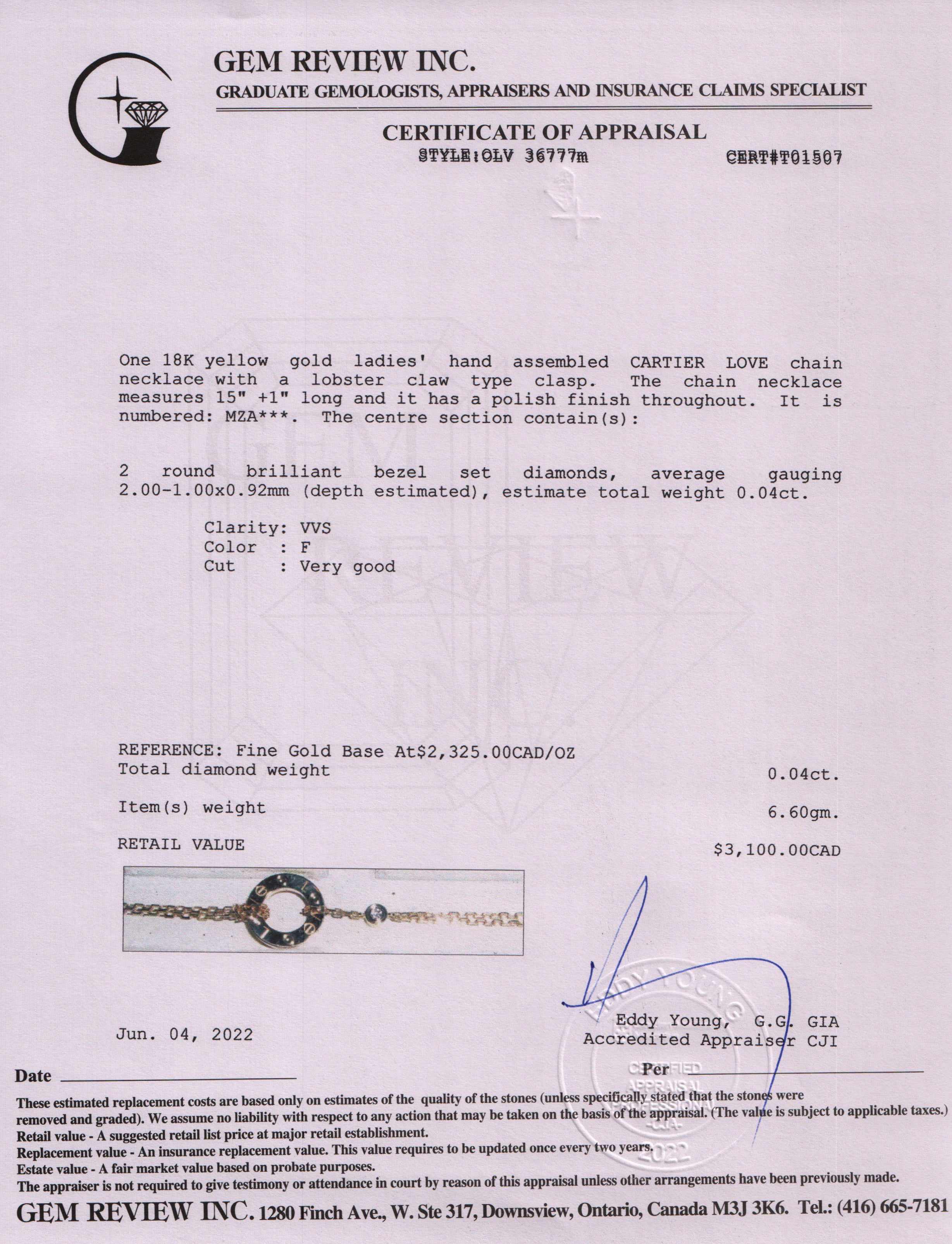 Cartier 18k Gold Love Necklace with 2 Diamonds