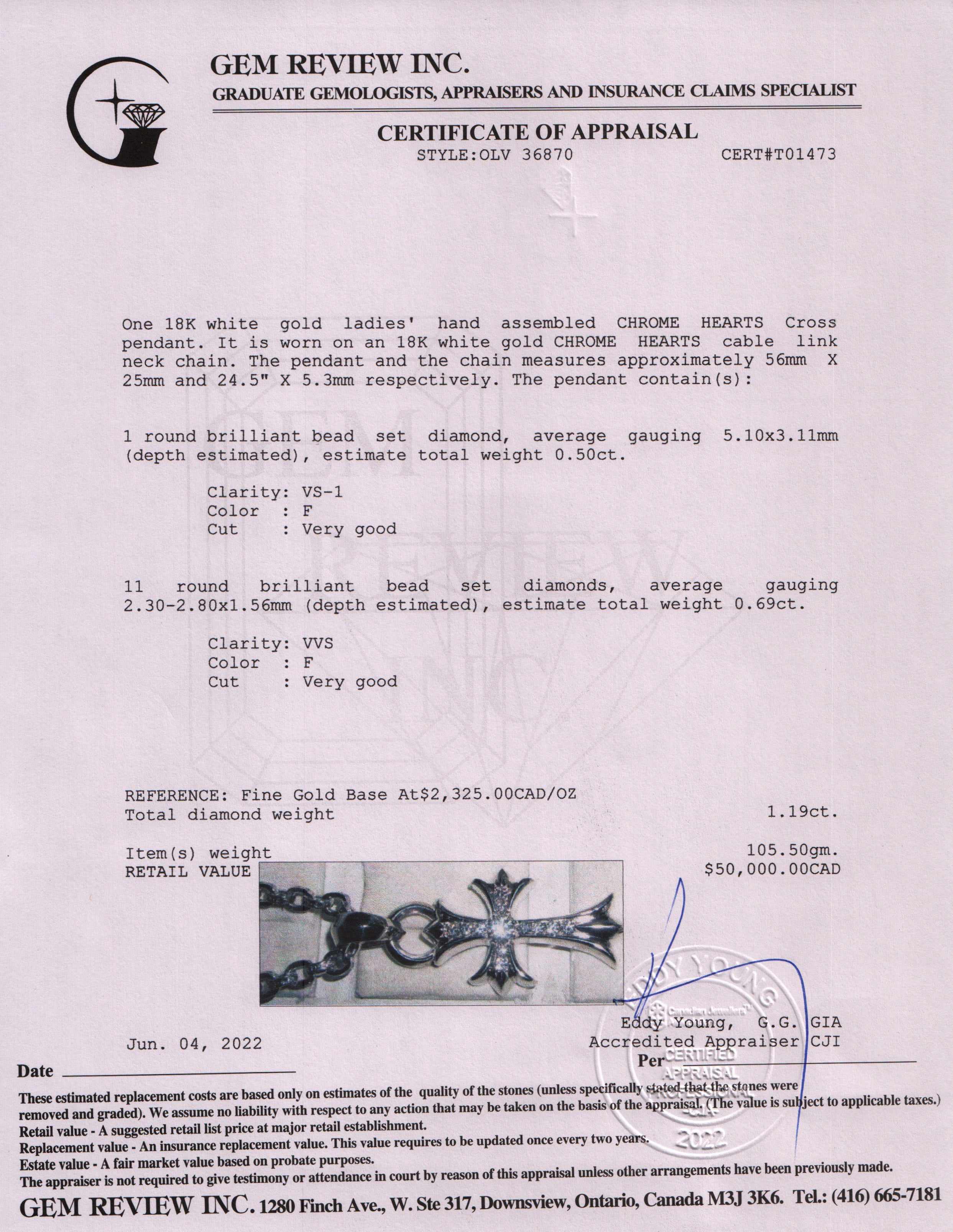 Chrome Hearts Vintage 18k White Gold Diamond Cross Pendant Necklace