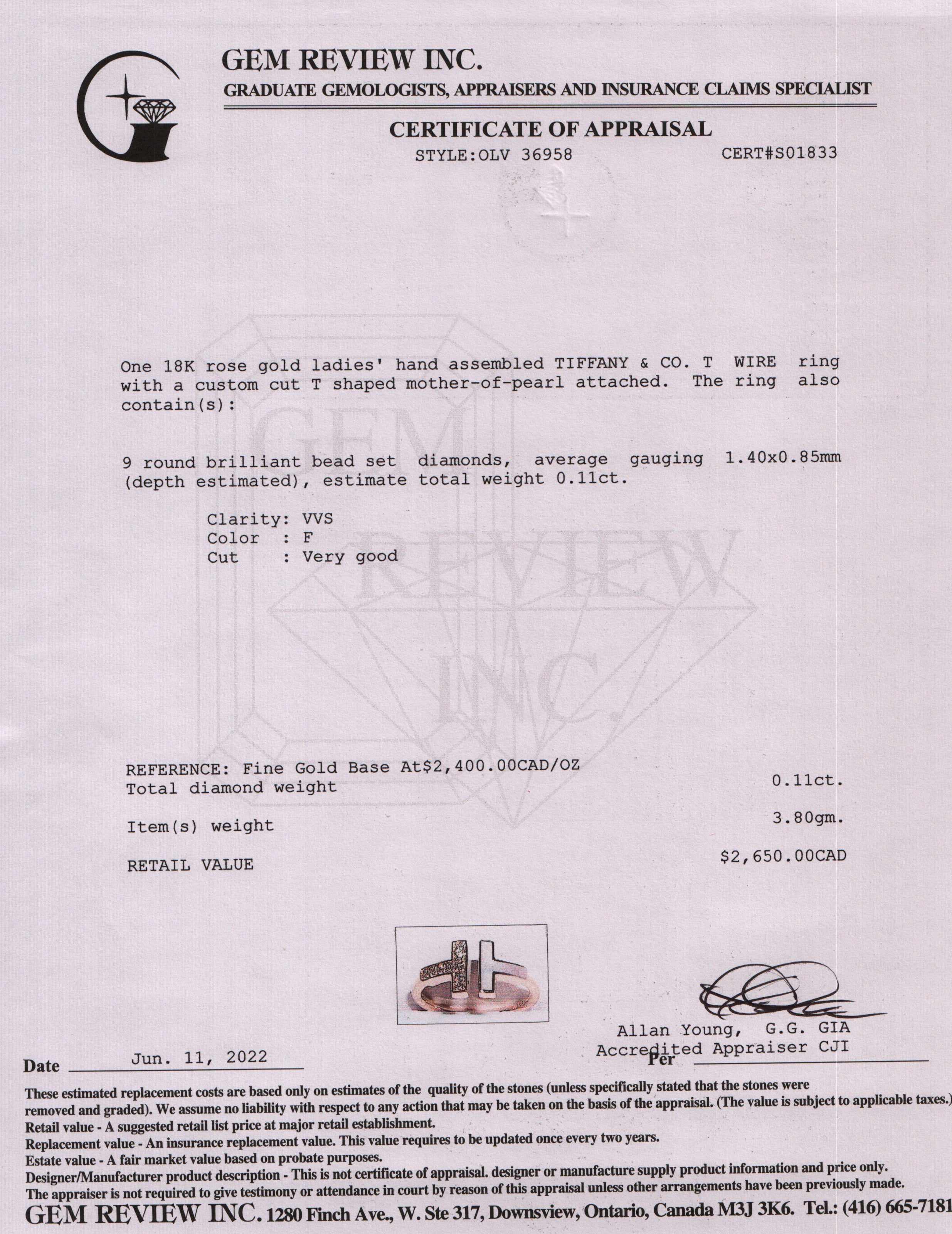 Tiffany & Co. 18k Rose Gold T Wire Ring with Diamonds & Mother of Pearl