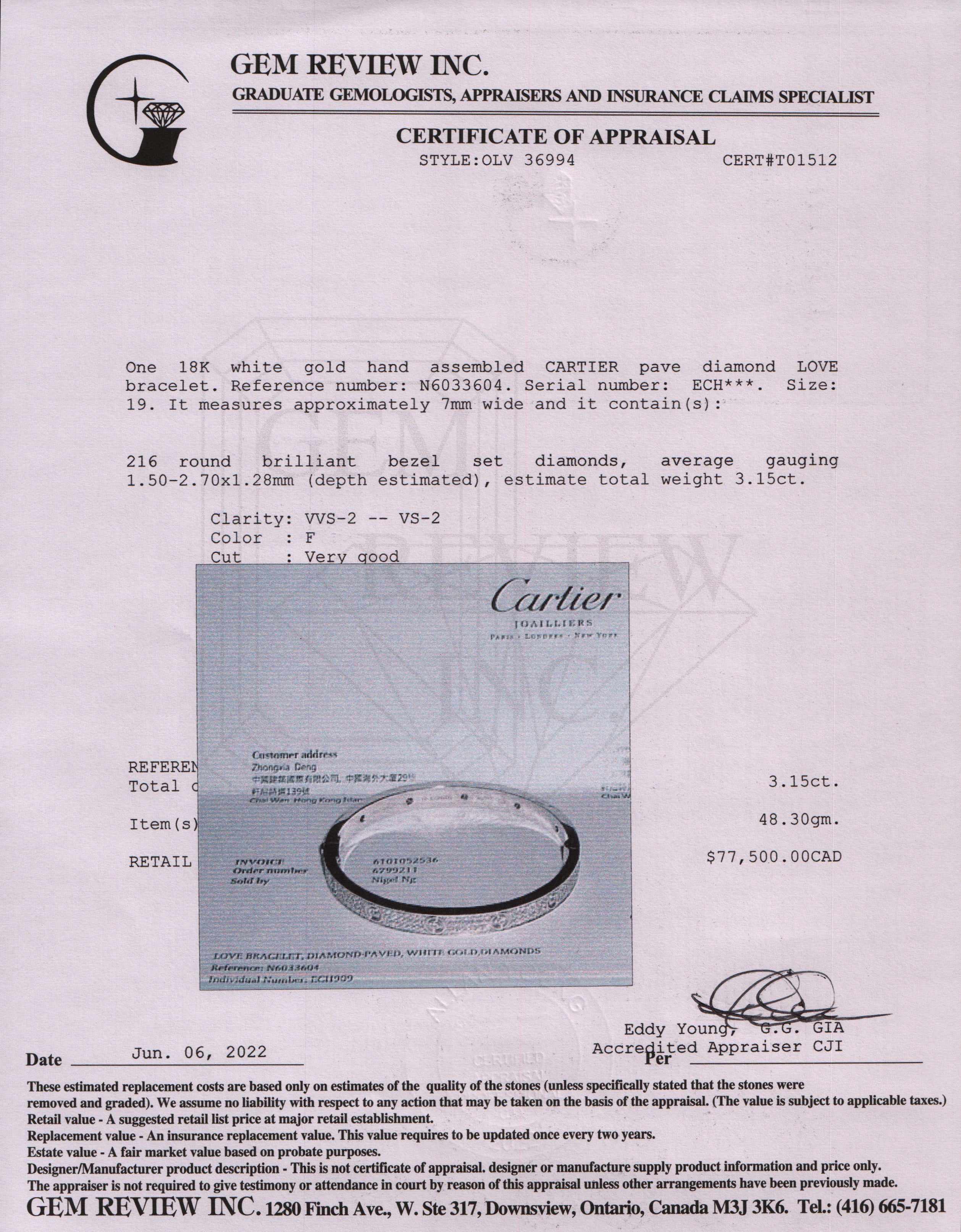 Cartier 18k White Gold Paved Diamond Love Bracelet w/ Box, Receipt & Certificate