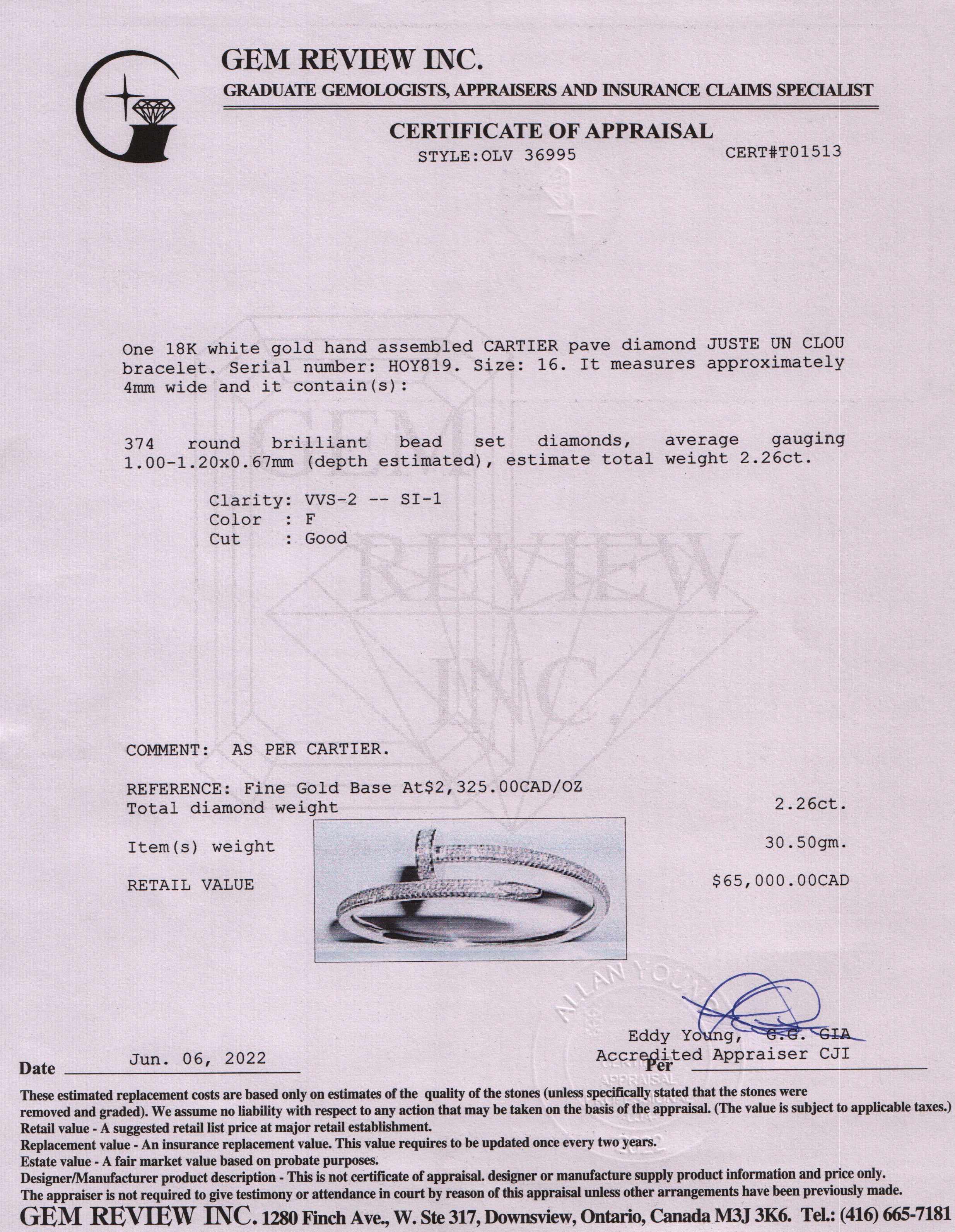 Cartier 18k White Gold Paved Diamond Juste un Clou Bracelet w/ Box & Certificate