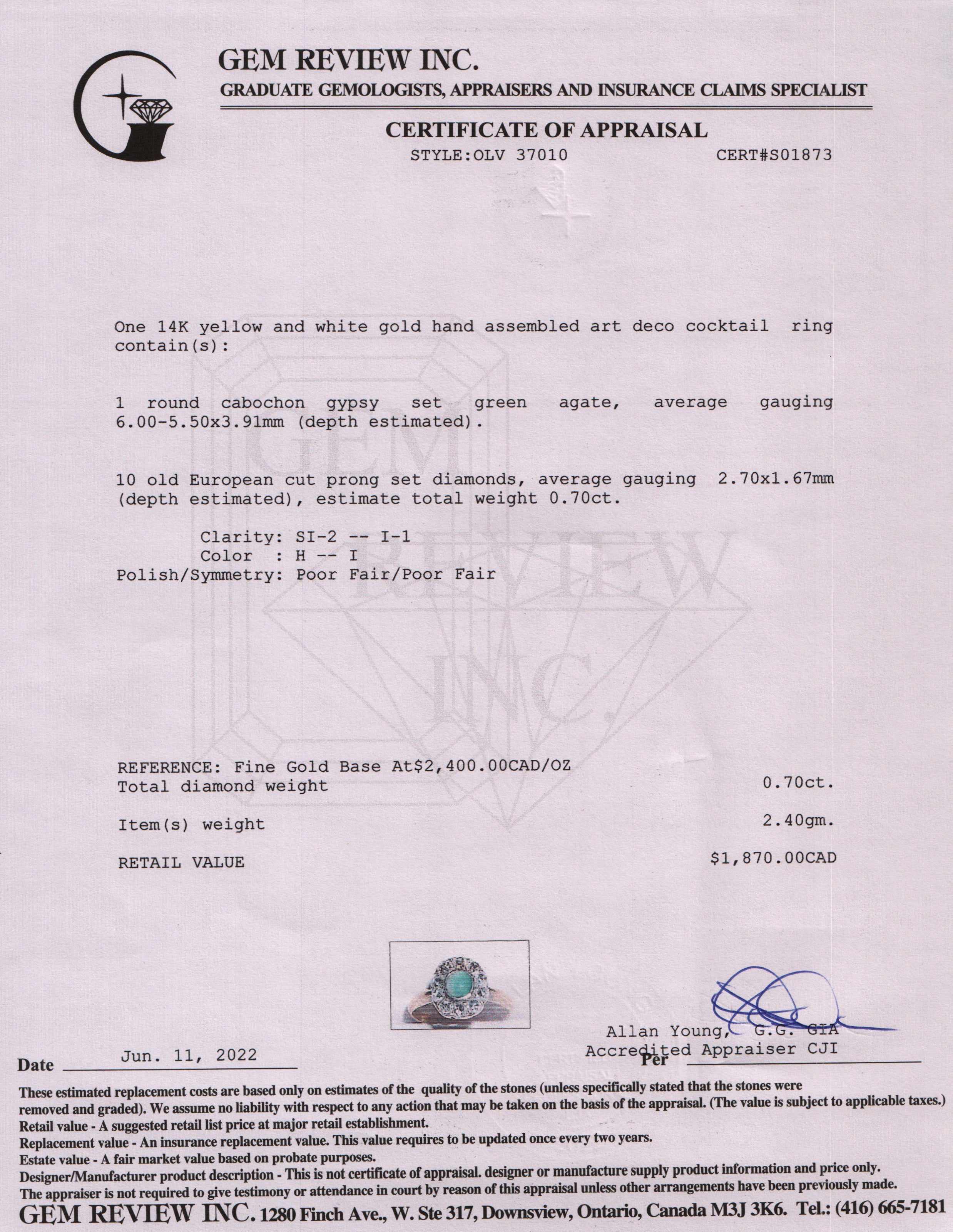 Antique Art Deco 14k Gold Green Agate & Diamond Cocktail Ring