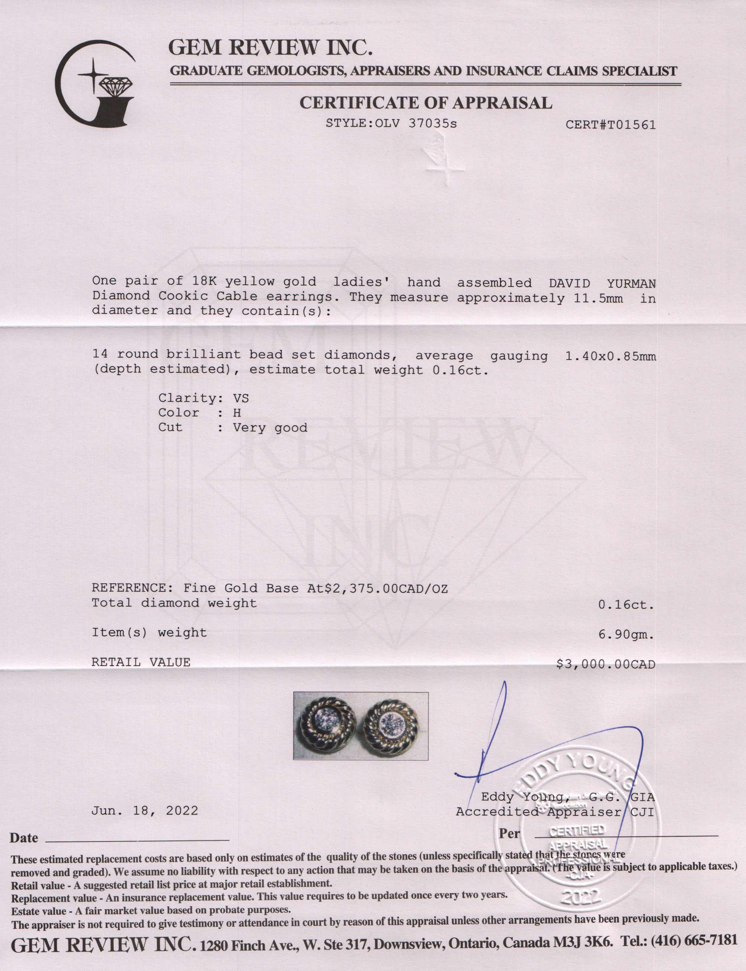 David Yurman 18k Gold Diamond Cookie Cable Earrings