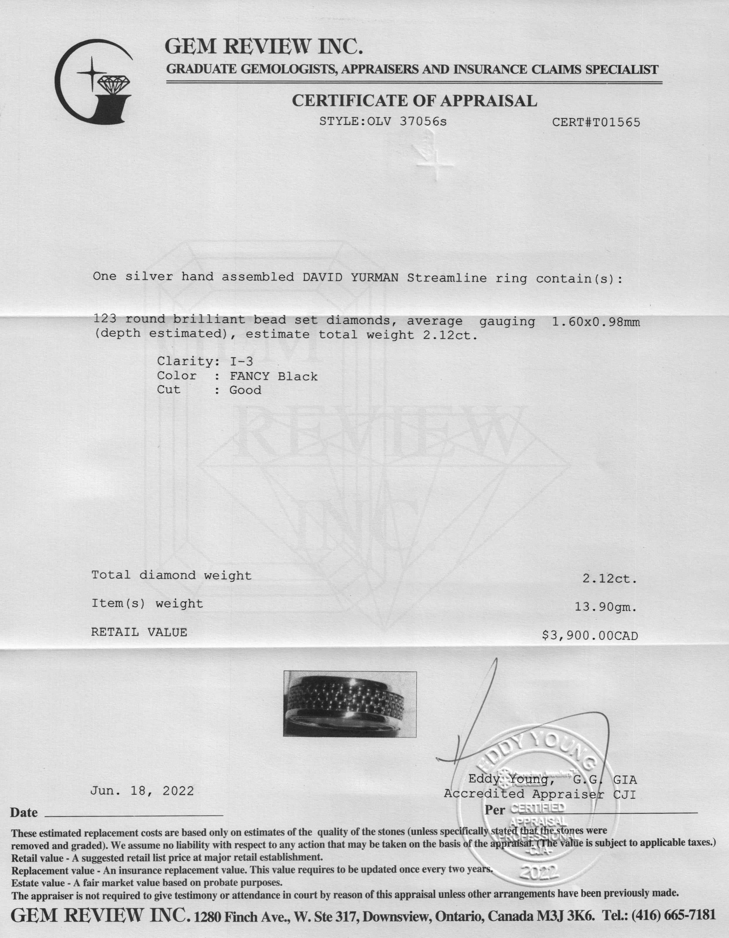 David Yurman Three-Row Black Diamond Streamline Band w/ Box