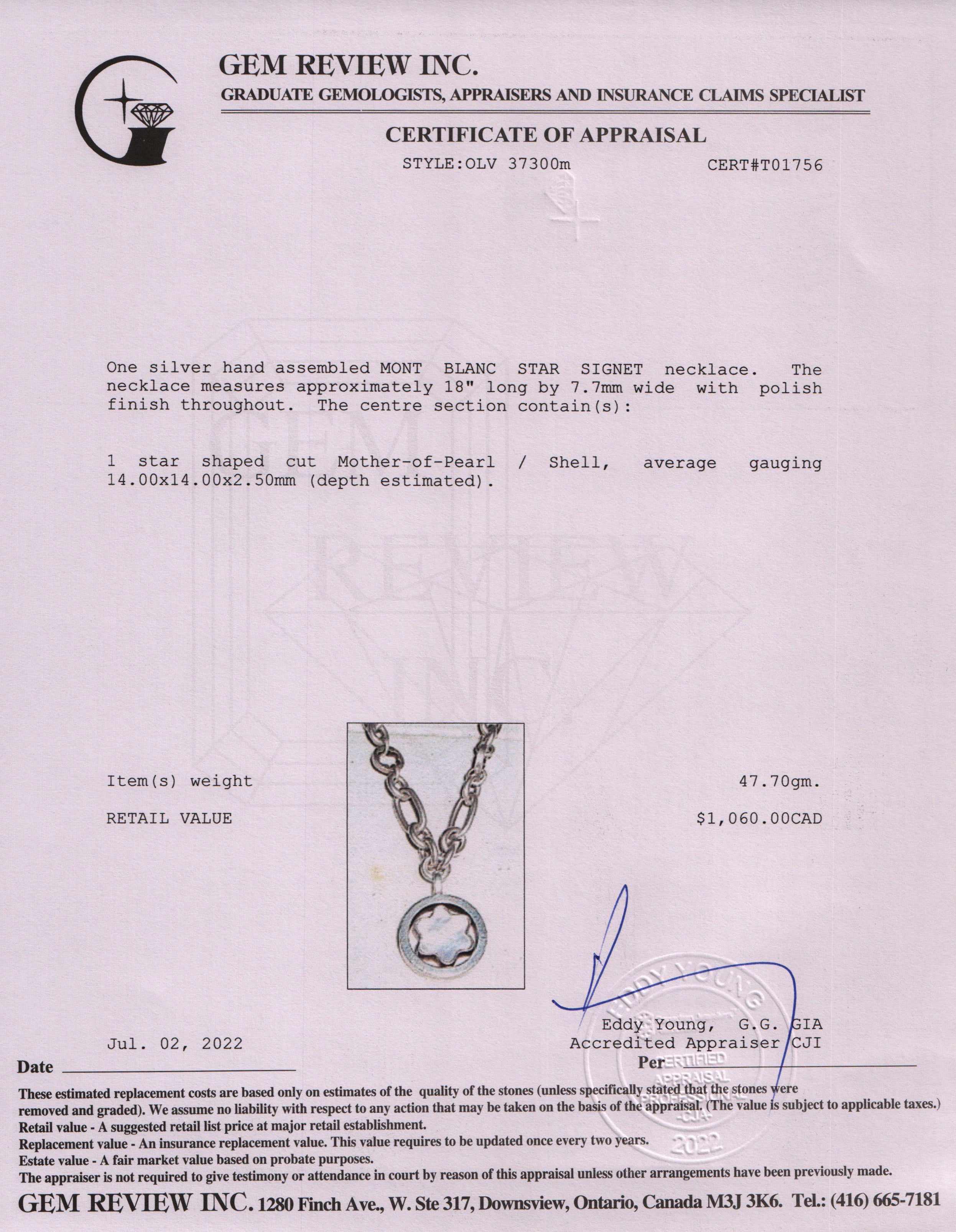 Montblanc Mother of Pearl Star Signet Necklace w/ Box