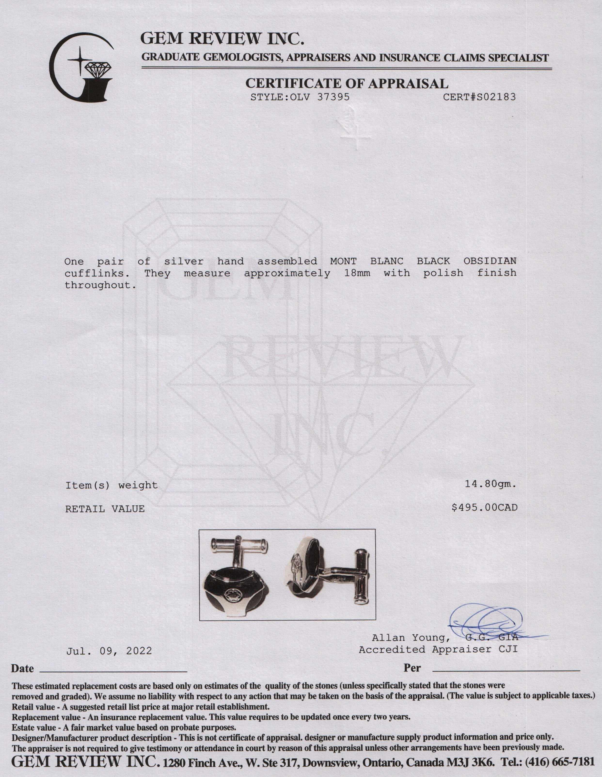 Montblanc Sterling Silver & Black Obsidian Cufflinks