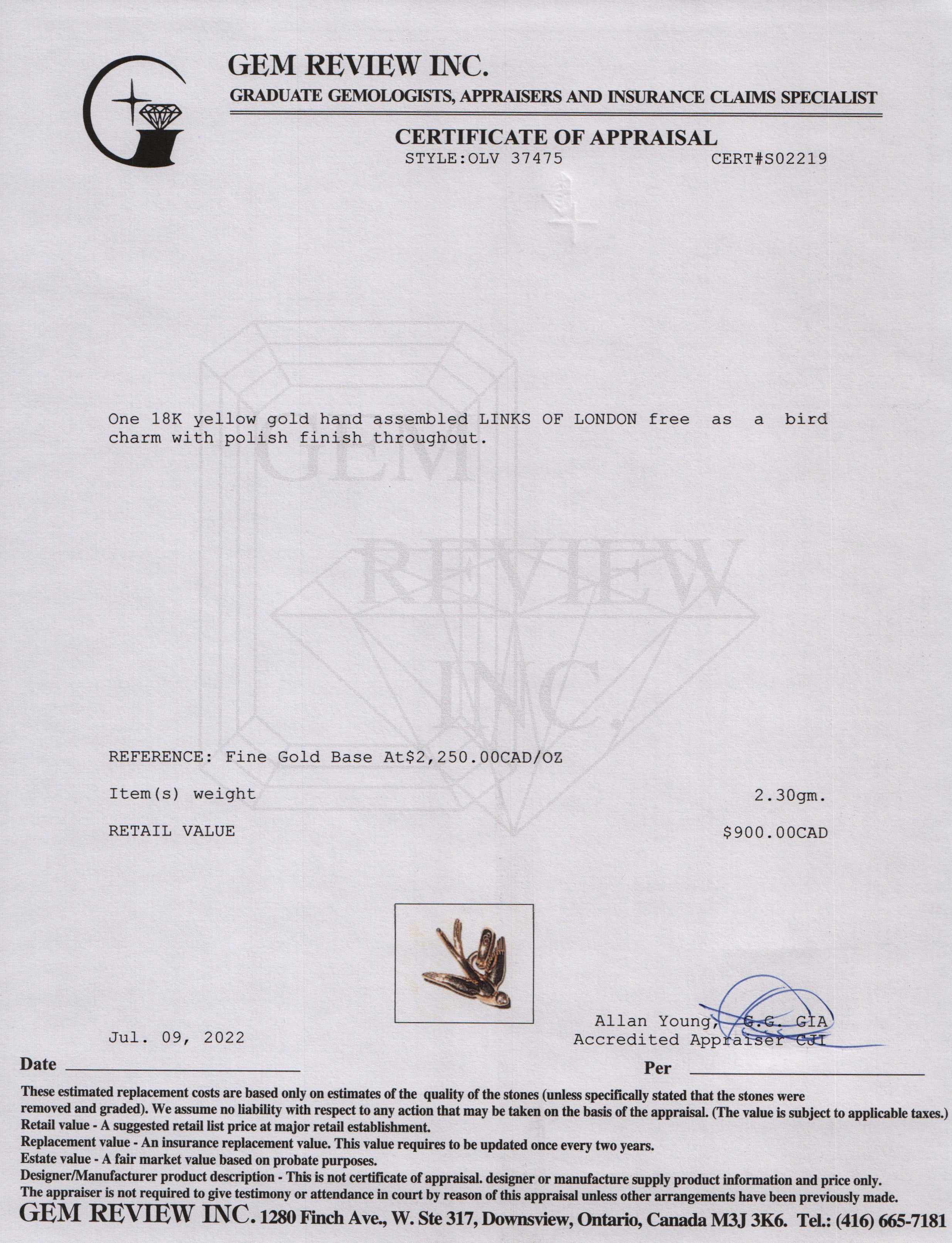 Links of London 18k Gold & Diamond Free as a Bird Charm