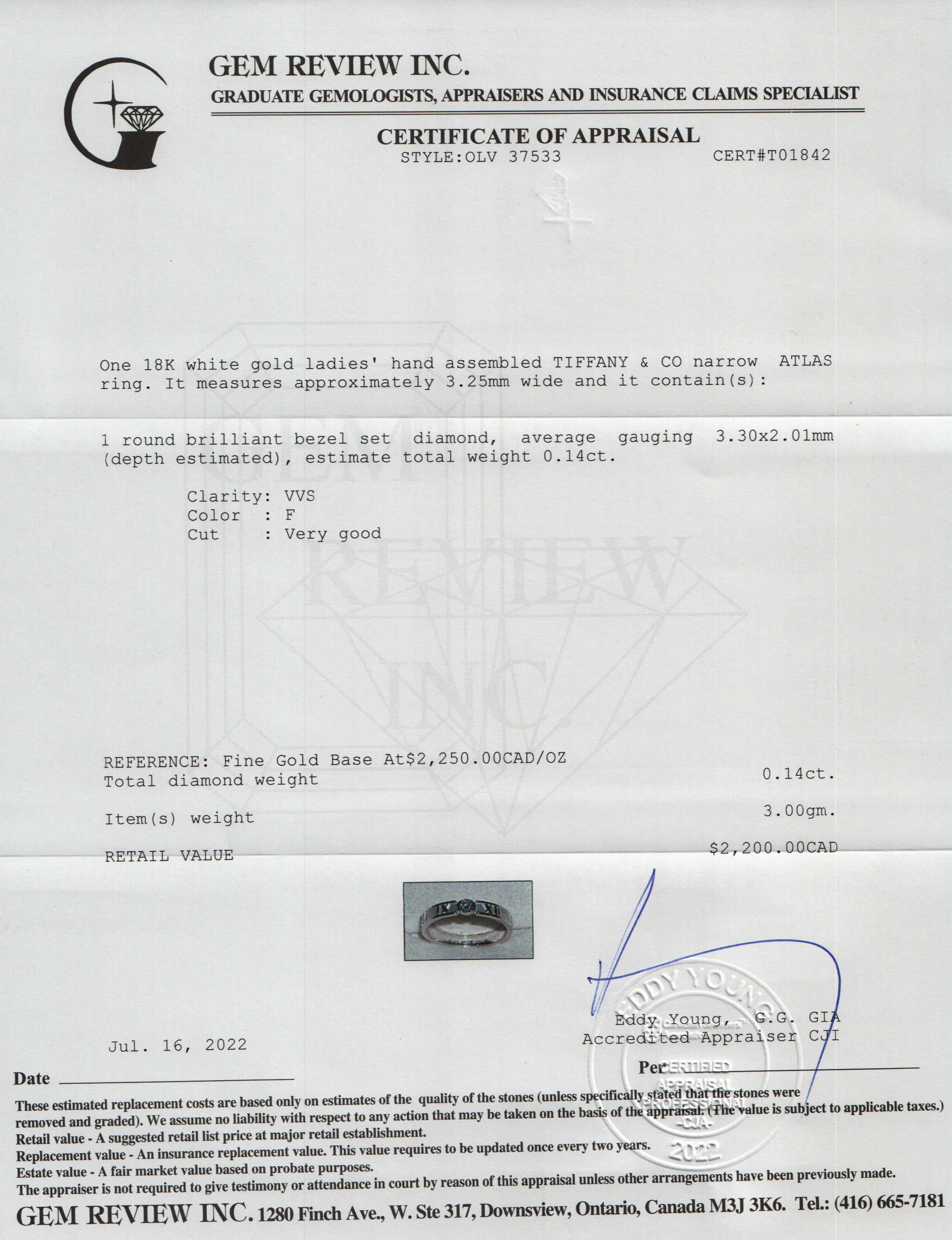 Tiffany & Co. 18k White Gold Diamond Atlas Narrow Ring w/ Box