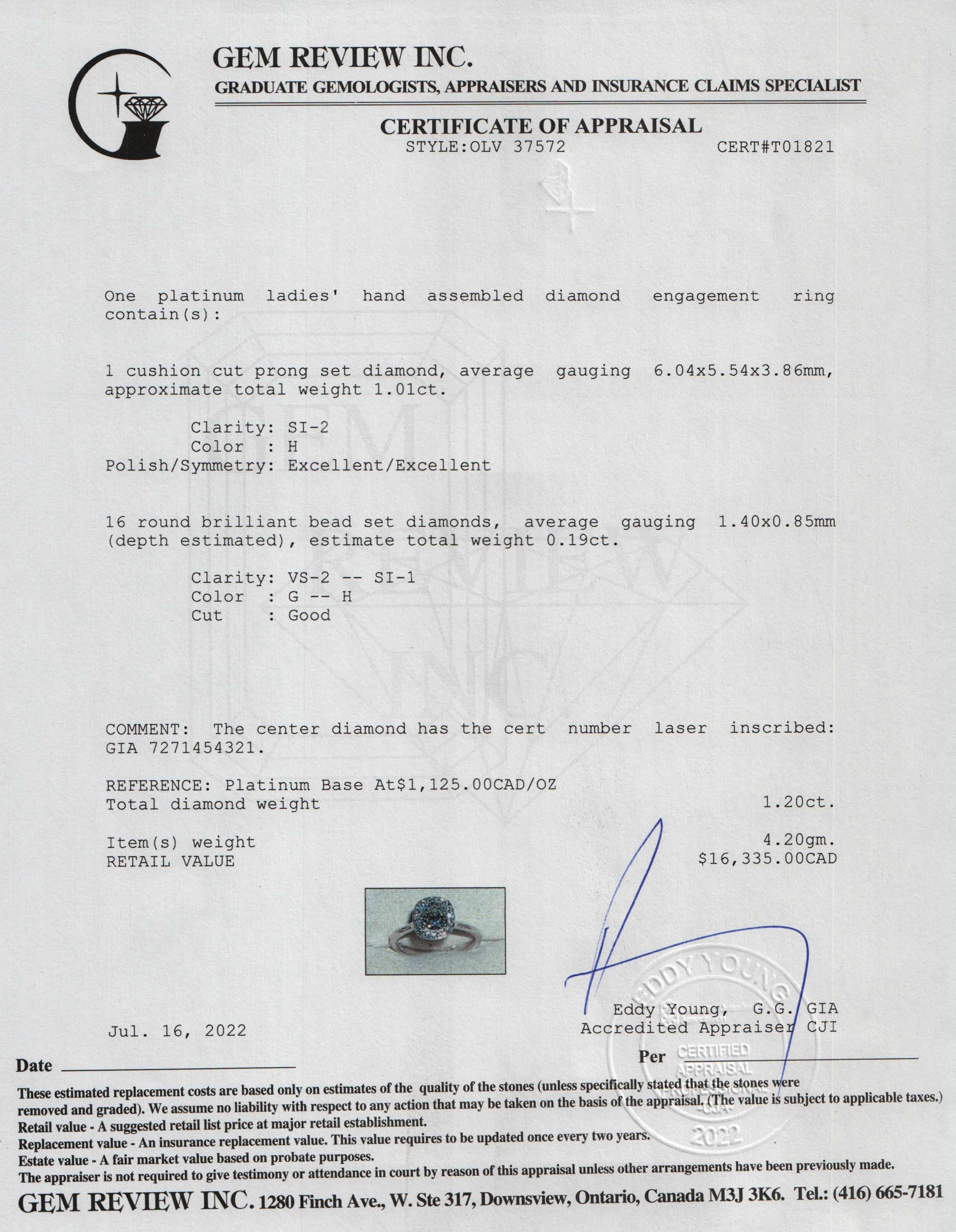 Platinum 1.01 ct. Cushion Cut Diamond Halo Design Engagement Ring