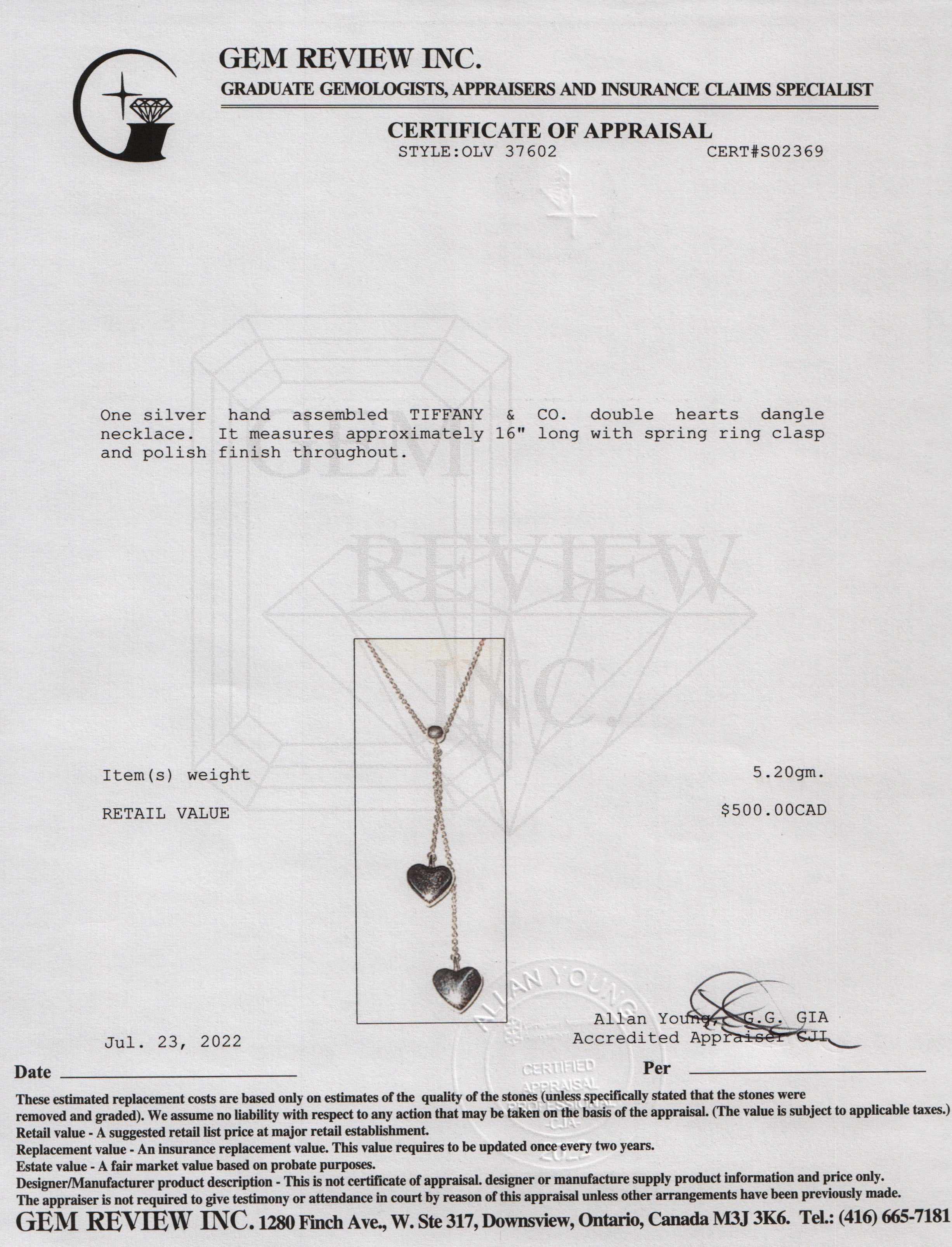 Tiffany & Co. Double Heart Dangle Pendant Necklace