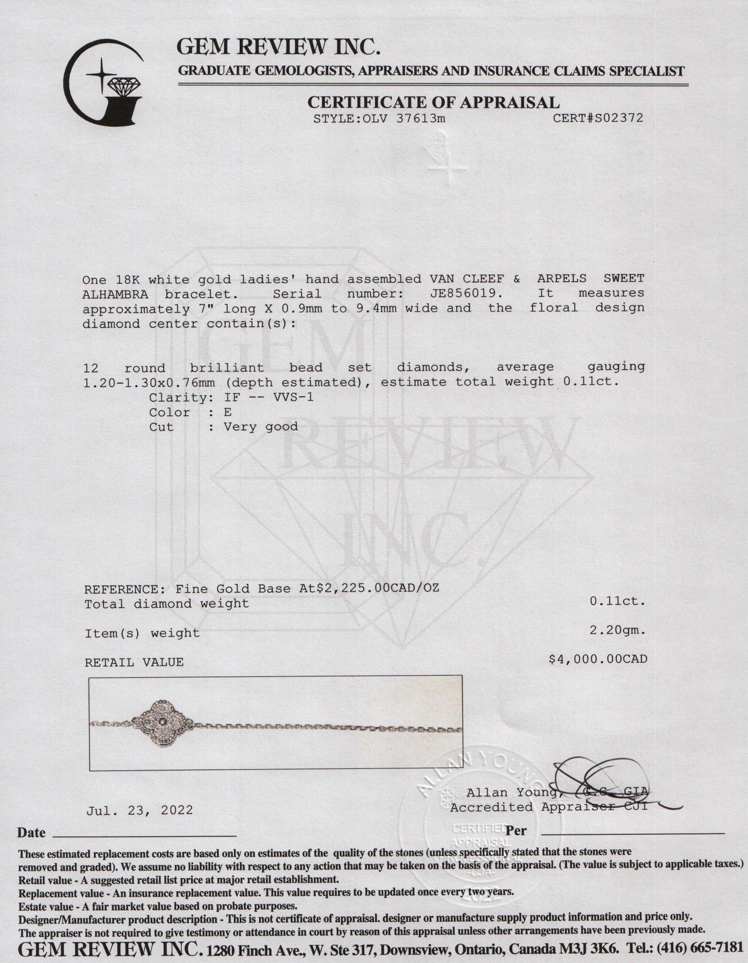 Van Cleef & Arpels 18k White Gold Sweet Alhambra Diamond Bracelet w/ Box & Certificate