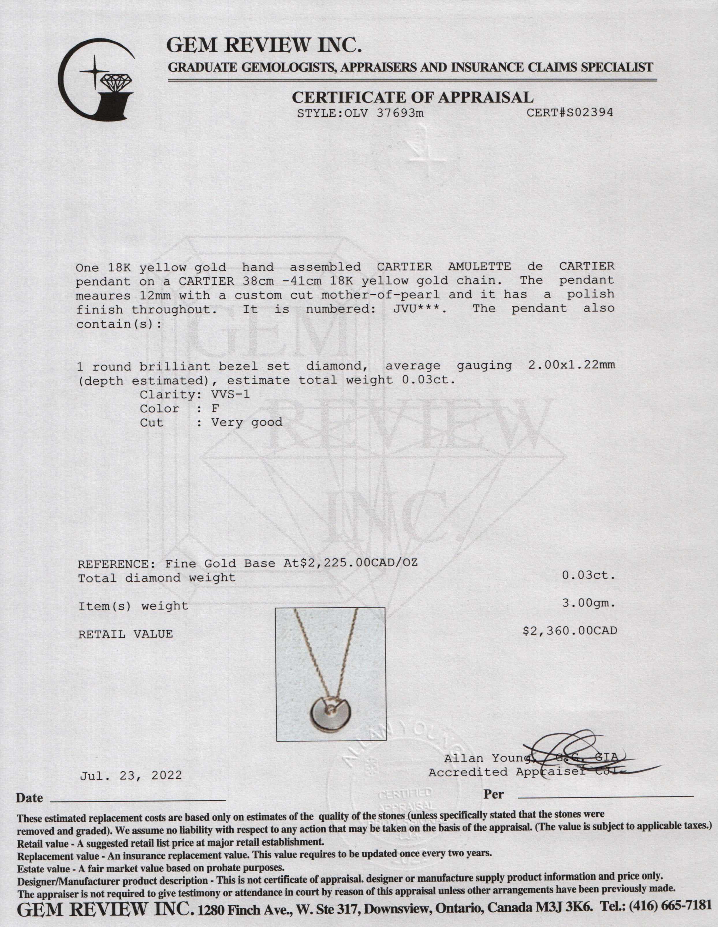 Cartier Amulette de Cartier Pendant Necklace, XS Model w/ Box, Receipt & Certificate