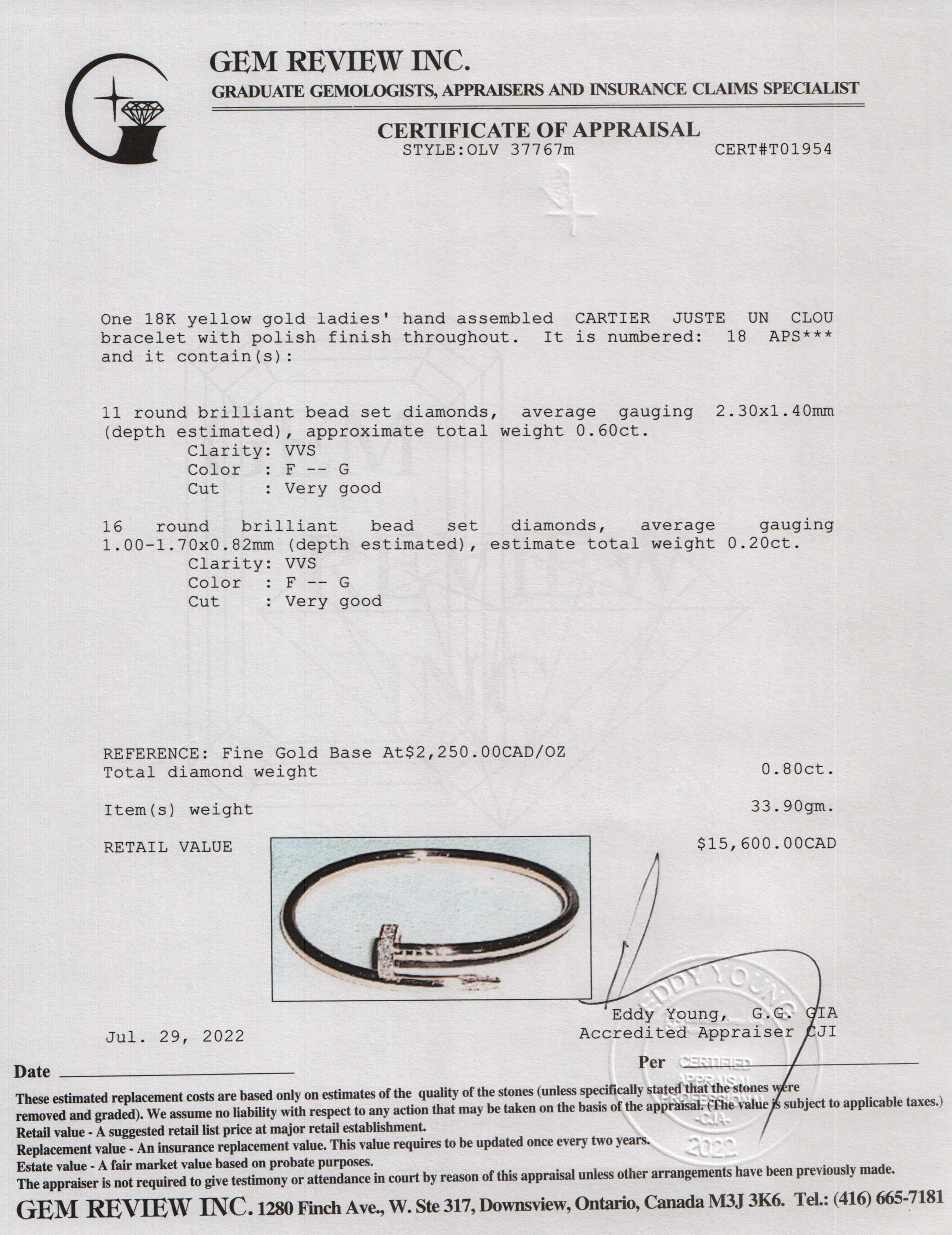 Cartier 18k Yellow Gold Juste Un Clou Diamond Bracelet w/ Box