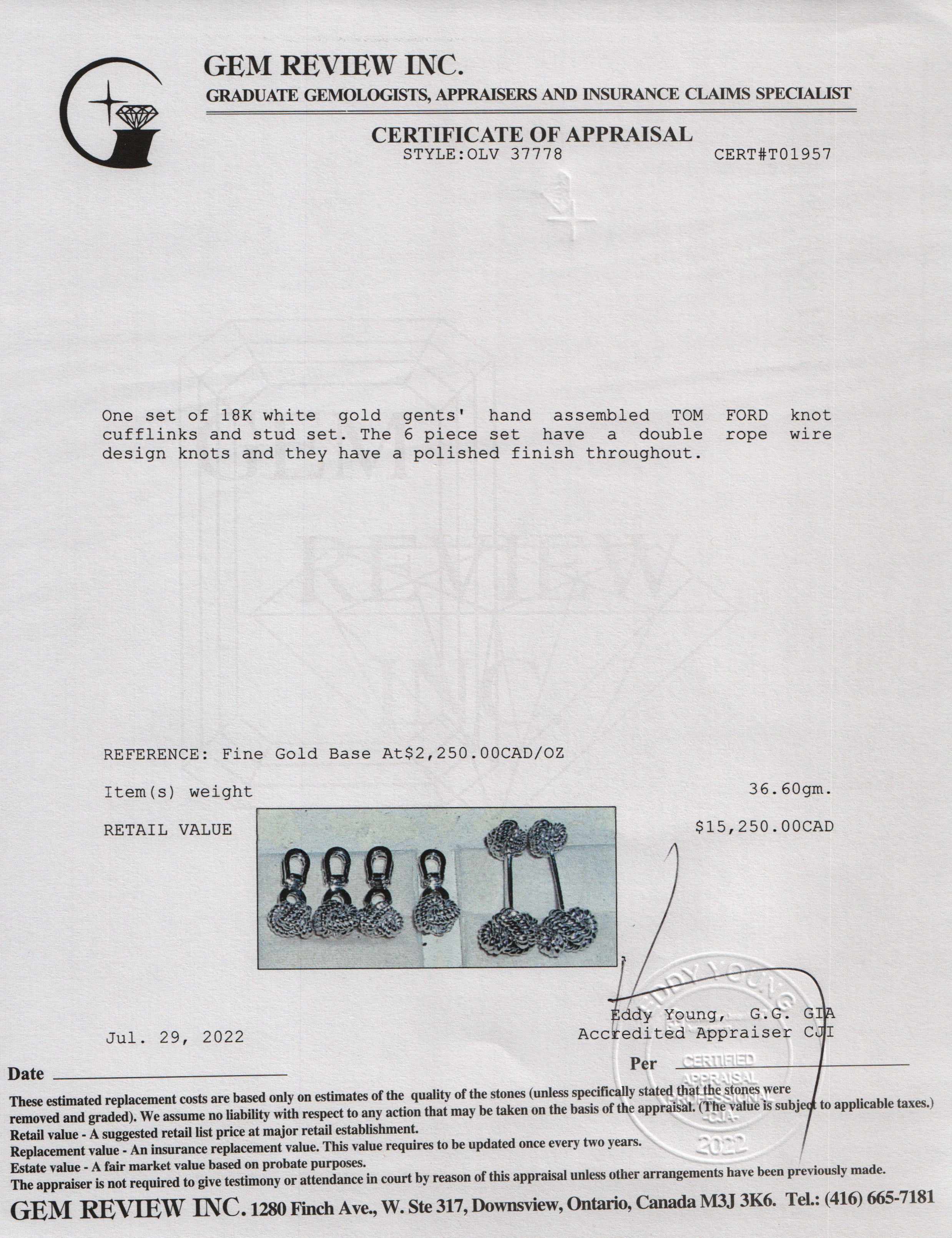 Tom Ford 18k White Gold Knot Cufflink & Stud Set w/ Box