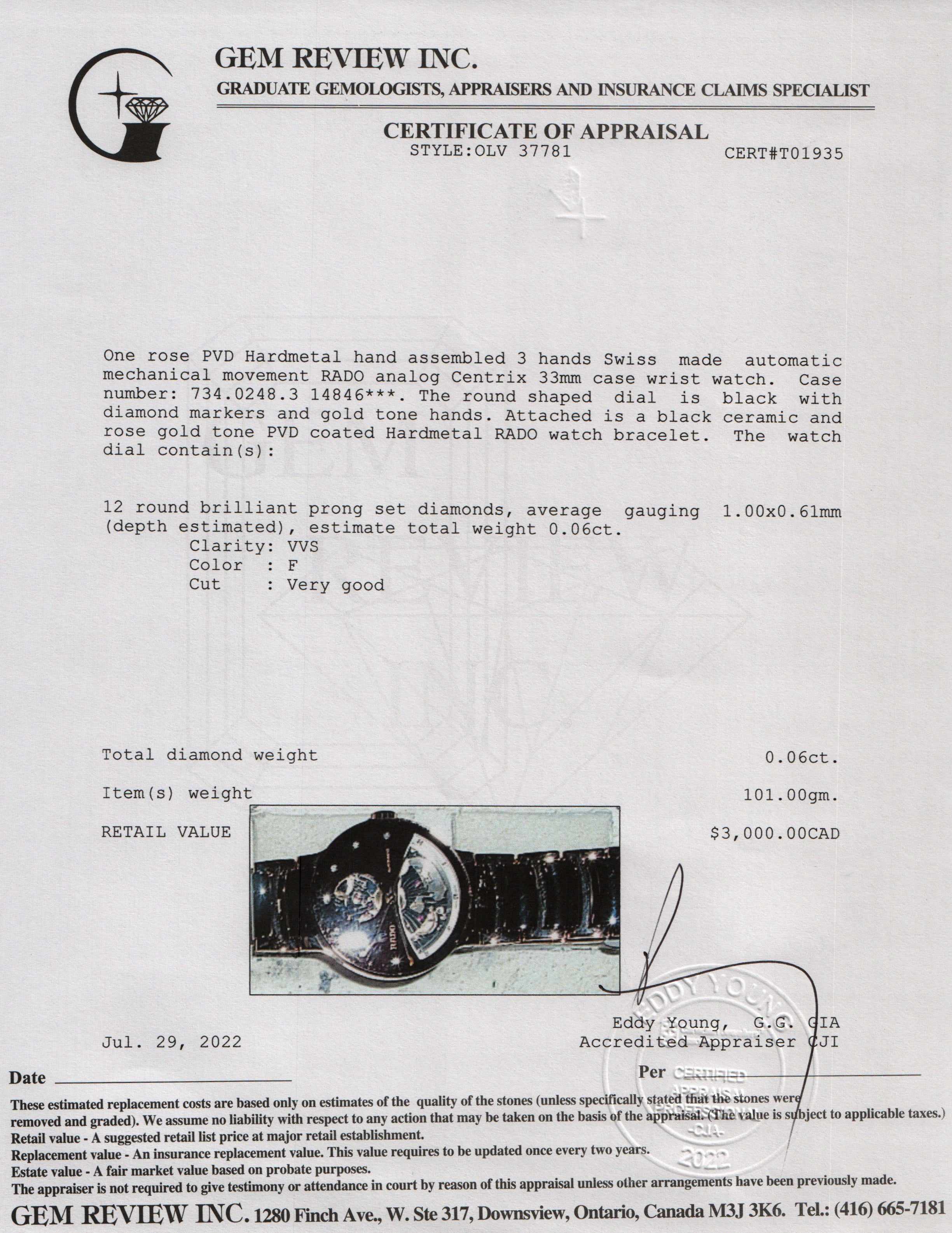 Rado Analog Centrix Diamond Dial Automatic Watch