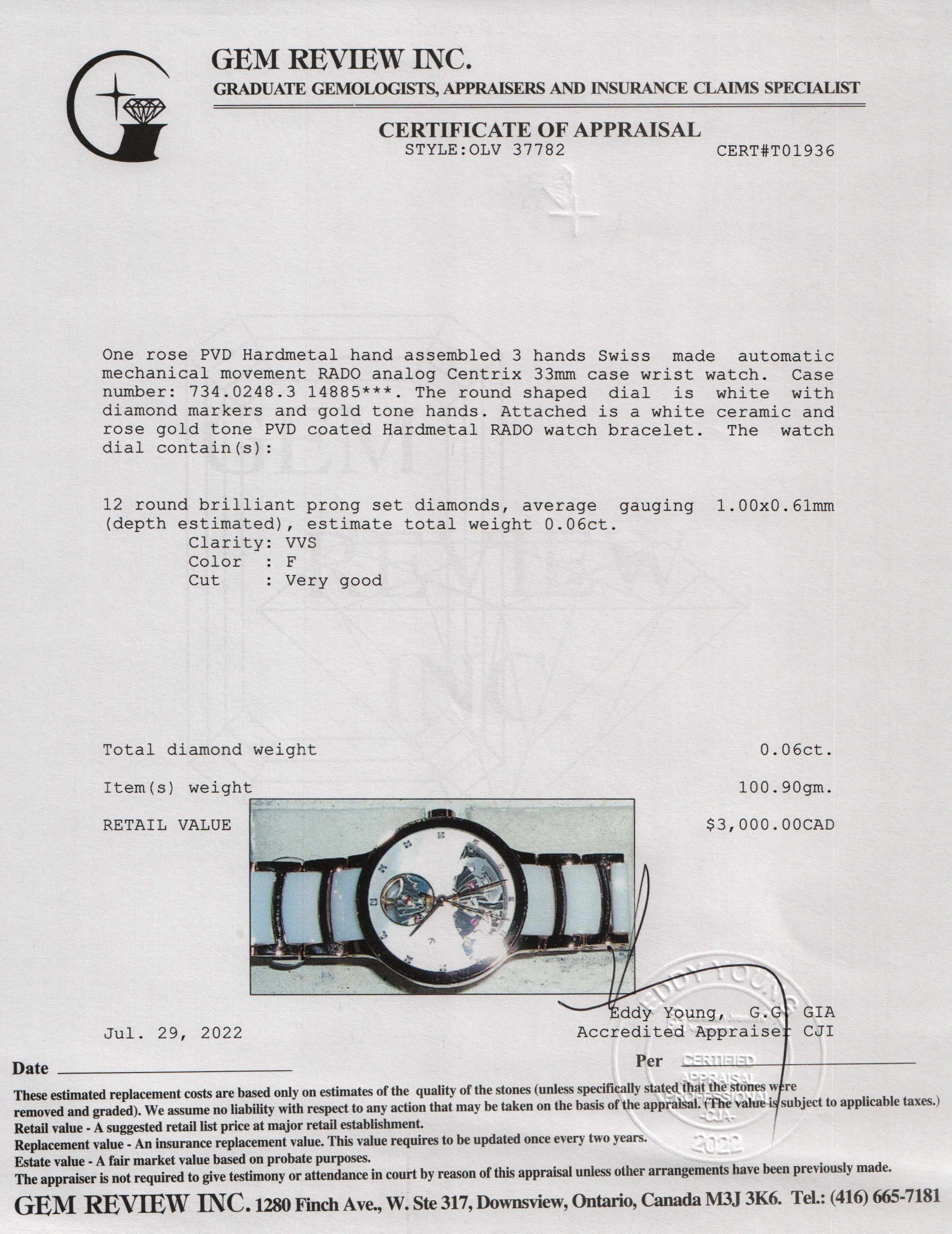 Rado Analog Centrix Diamond Dial Automatic Watch