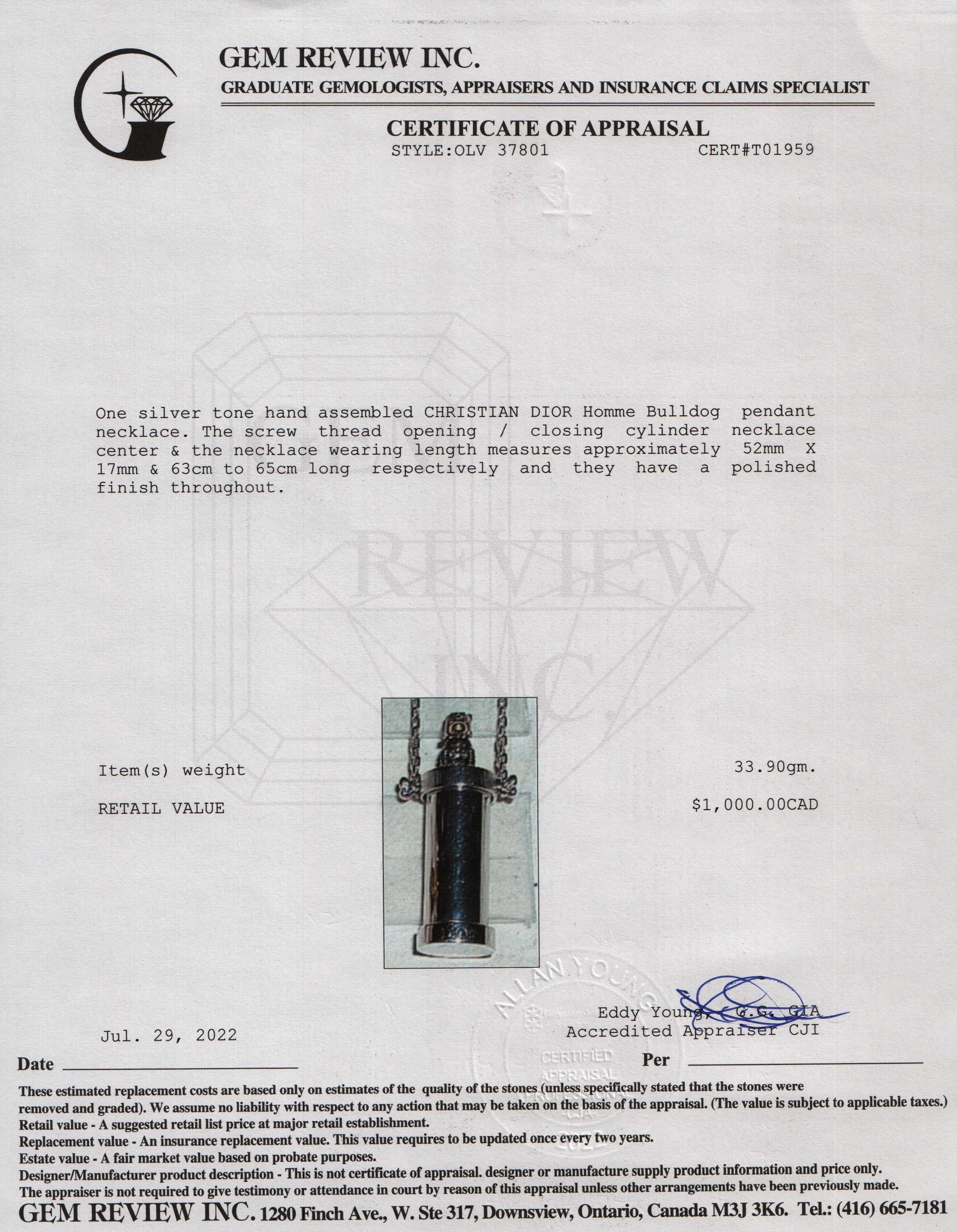 Christian Dior Homme Bulldog Pendant Necklace w/ Box