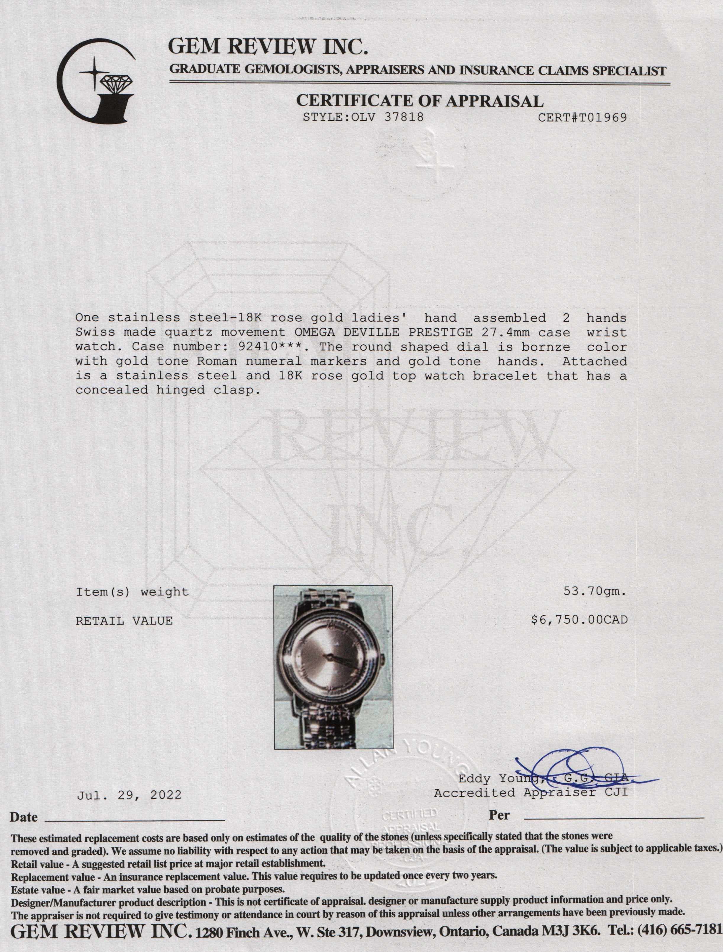 Omega Two-Tone De Ville Prestige Watch w/ Box & Papers