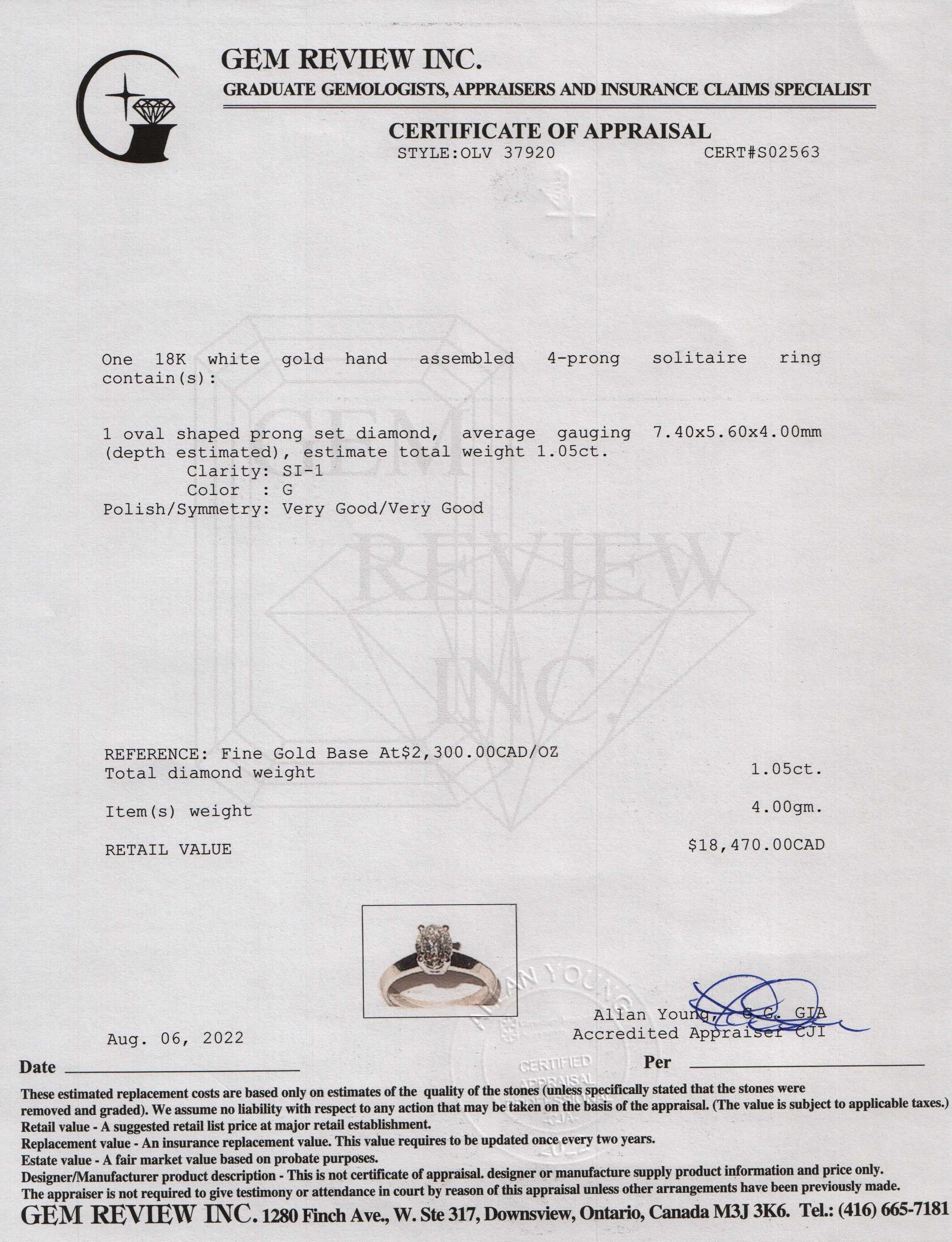 18k White Gold Solitaire 1.05 ct. Oval Diamond Engagement Ring