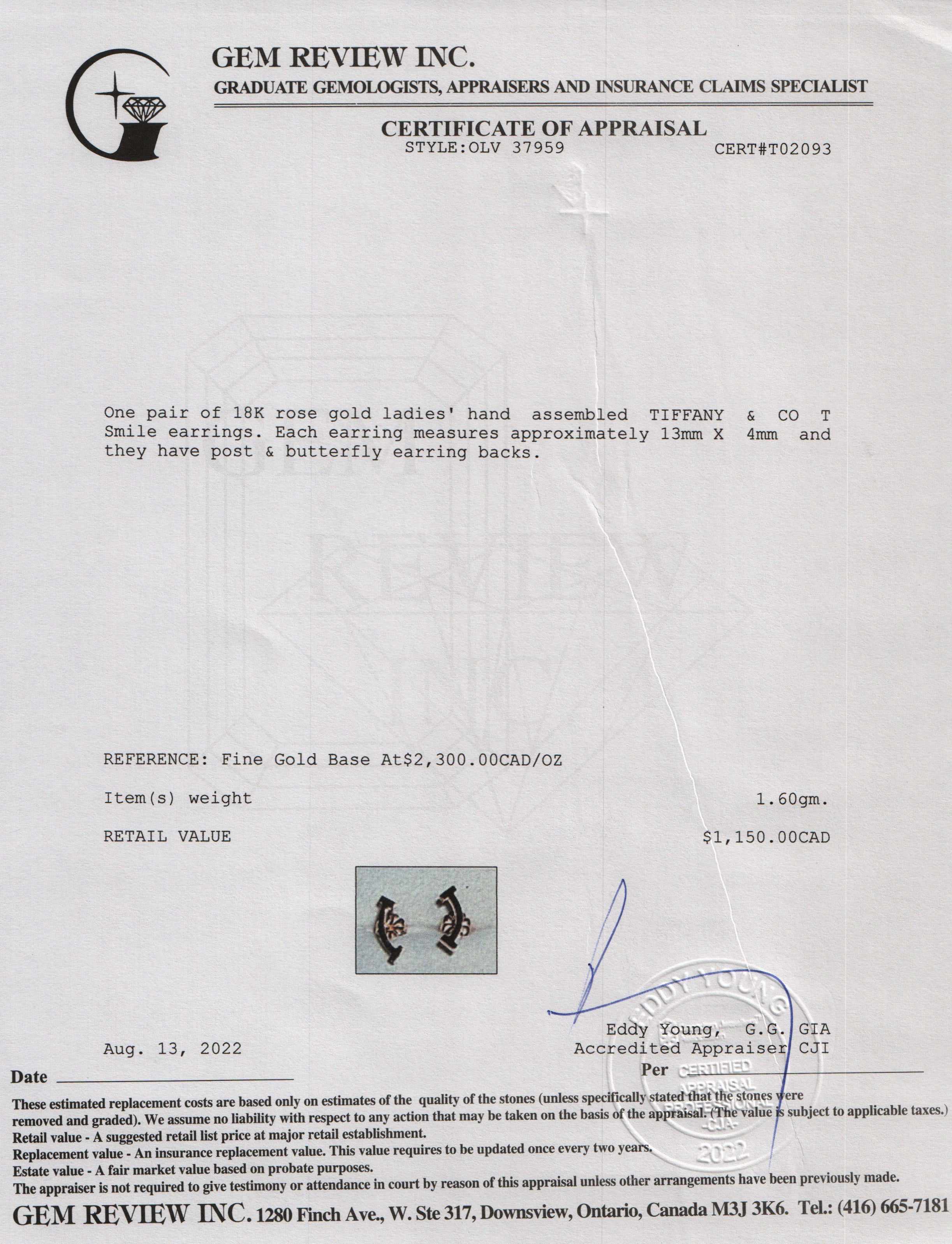 Tiffany & Co. 18k Rose Gold T Smile Stud Earrings w/ Box