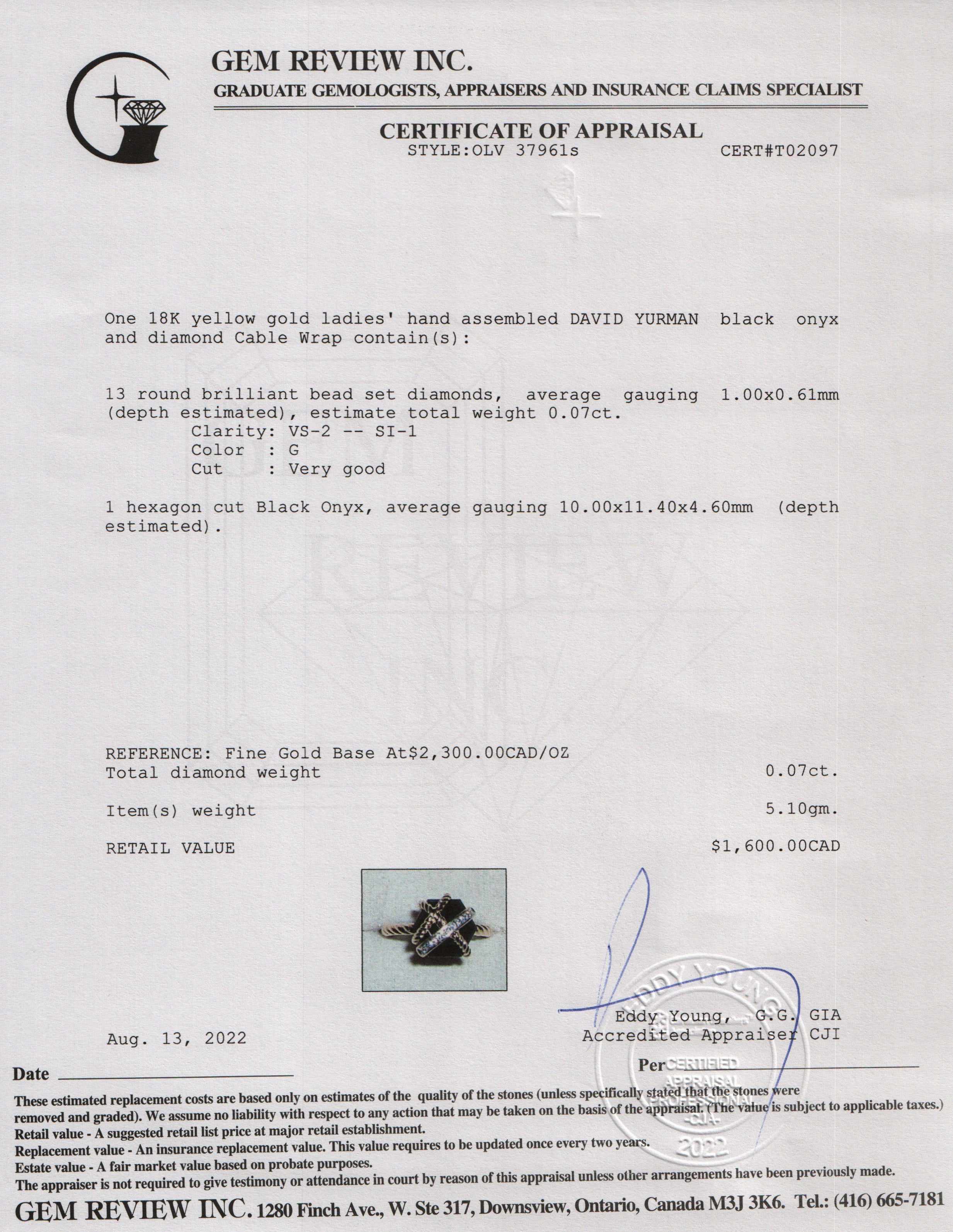 David Yurman 18k Gold Onyx & Diamond Cable Wrap Ring w/ Box