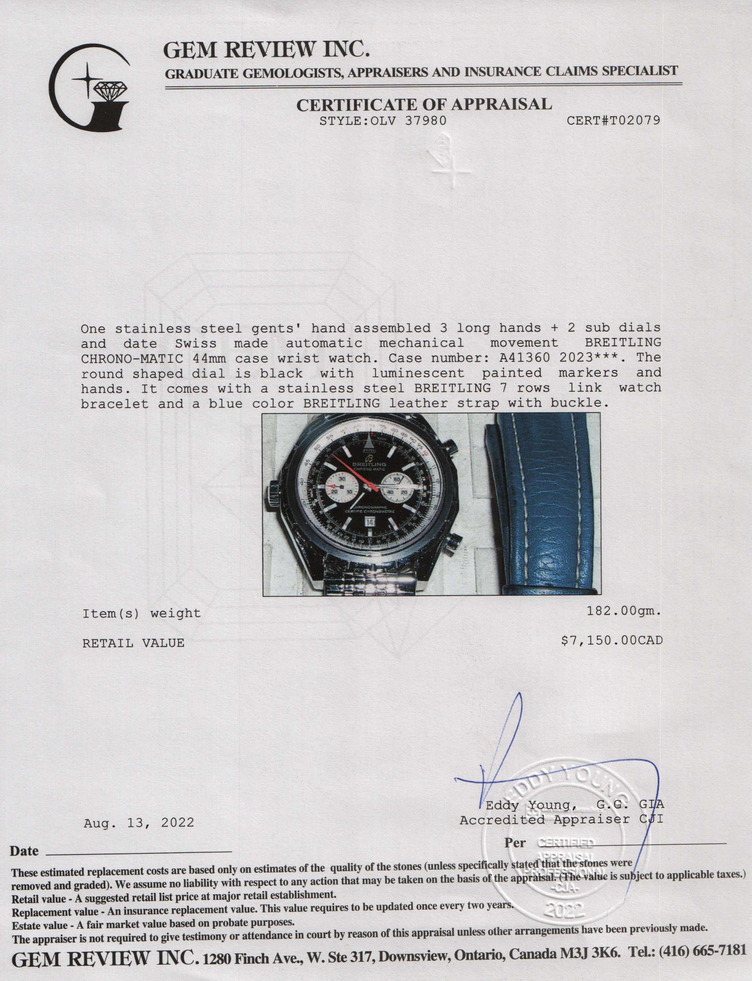 Breitling Chrono-Matic Chronograph Automatic Watch w/ Box, Papers & Extra Straps