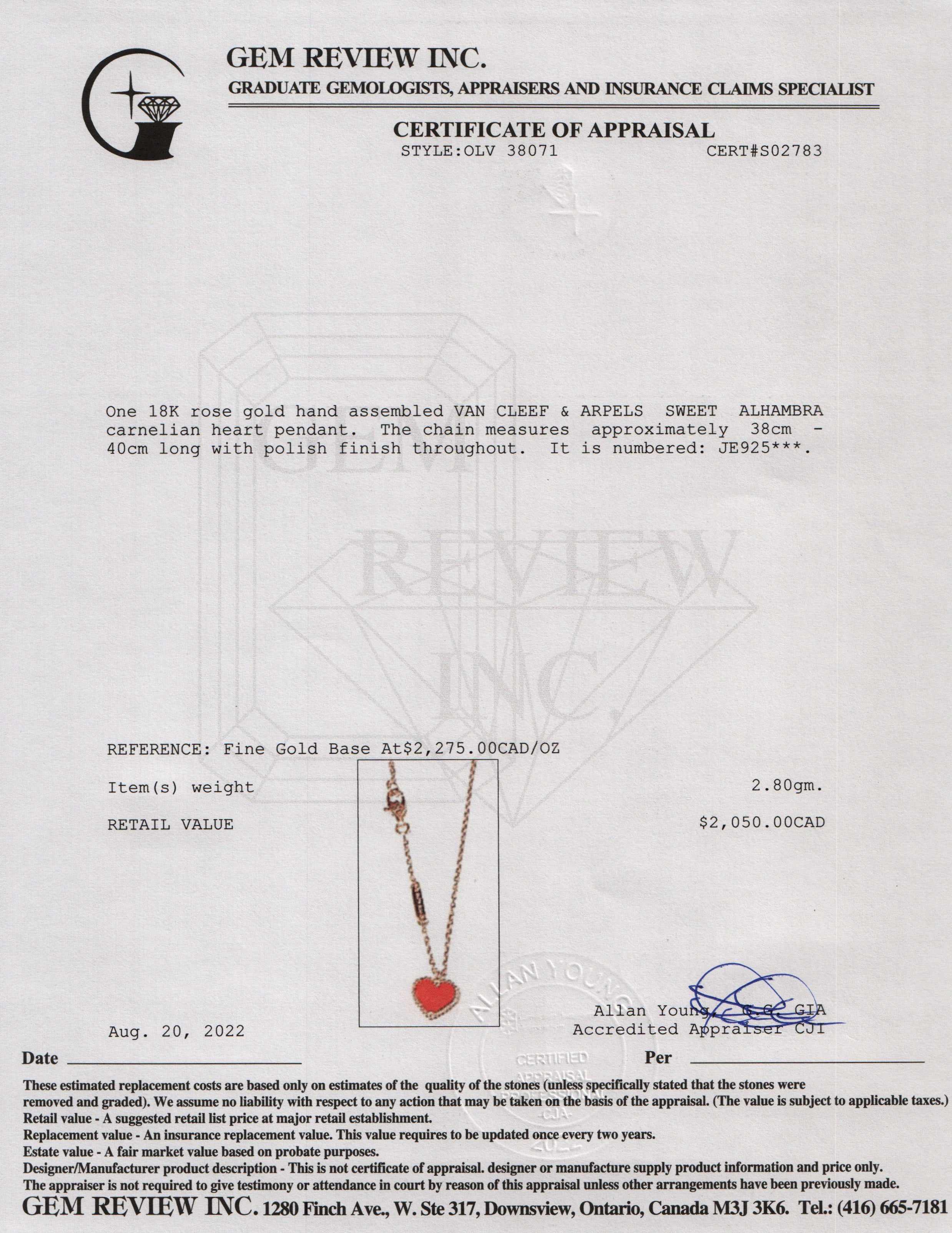 Van Cleef & Arpels Sweet Alhambra Carnelian Heart Pendant Necklace w/ Box