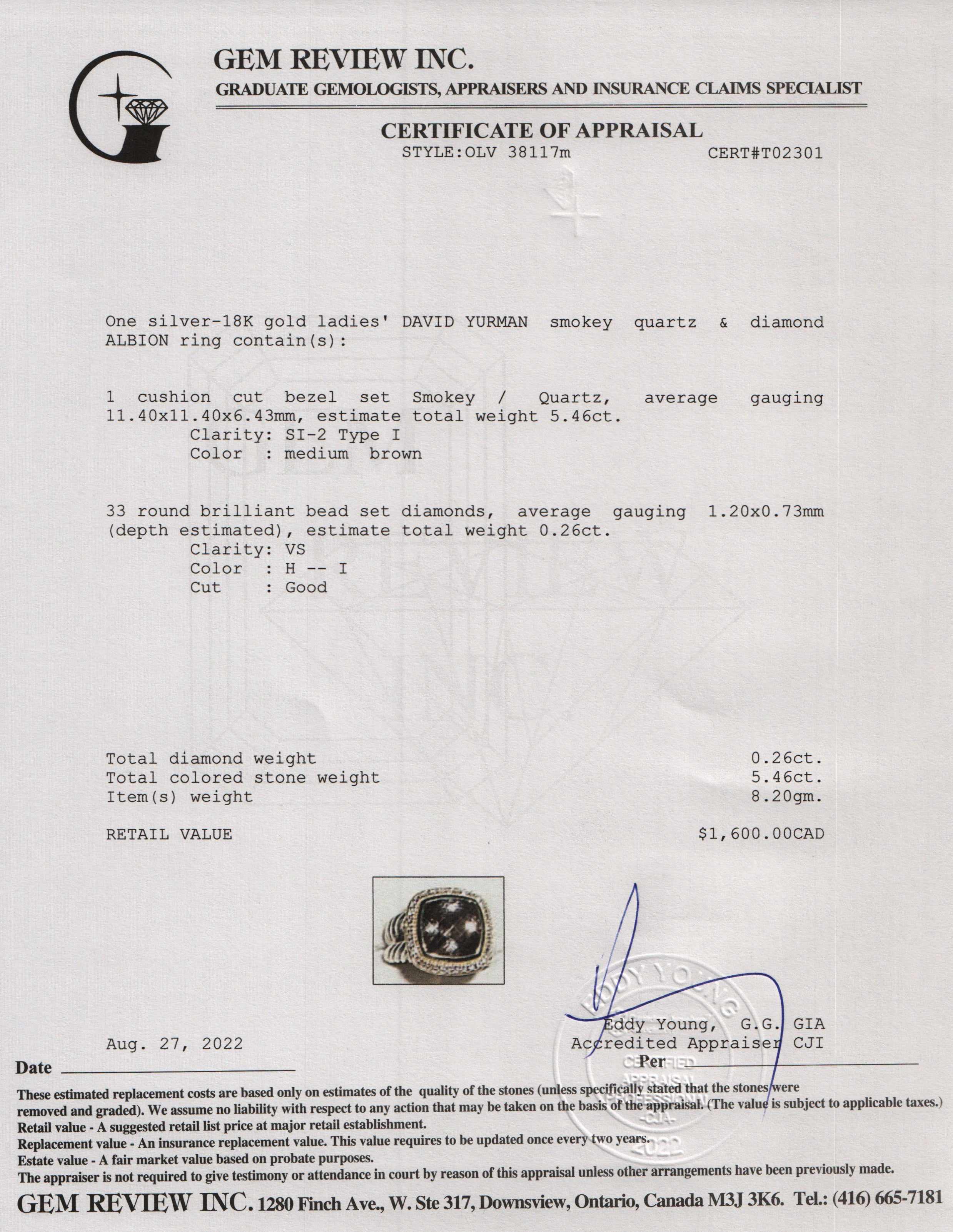 David Yurman Two-Tone Smoky Quartz & Diamond Albion Ring