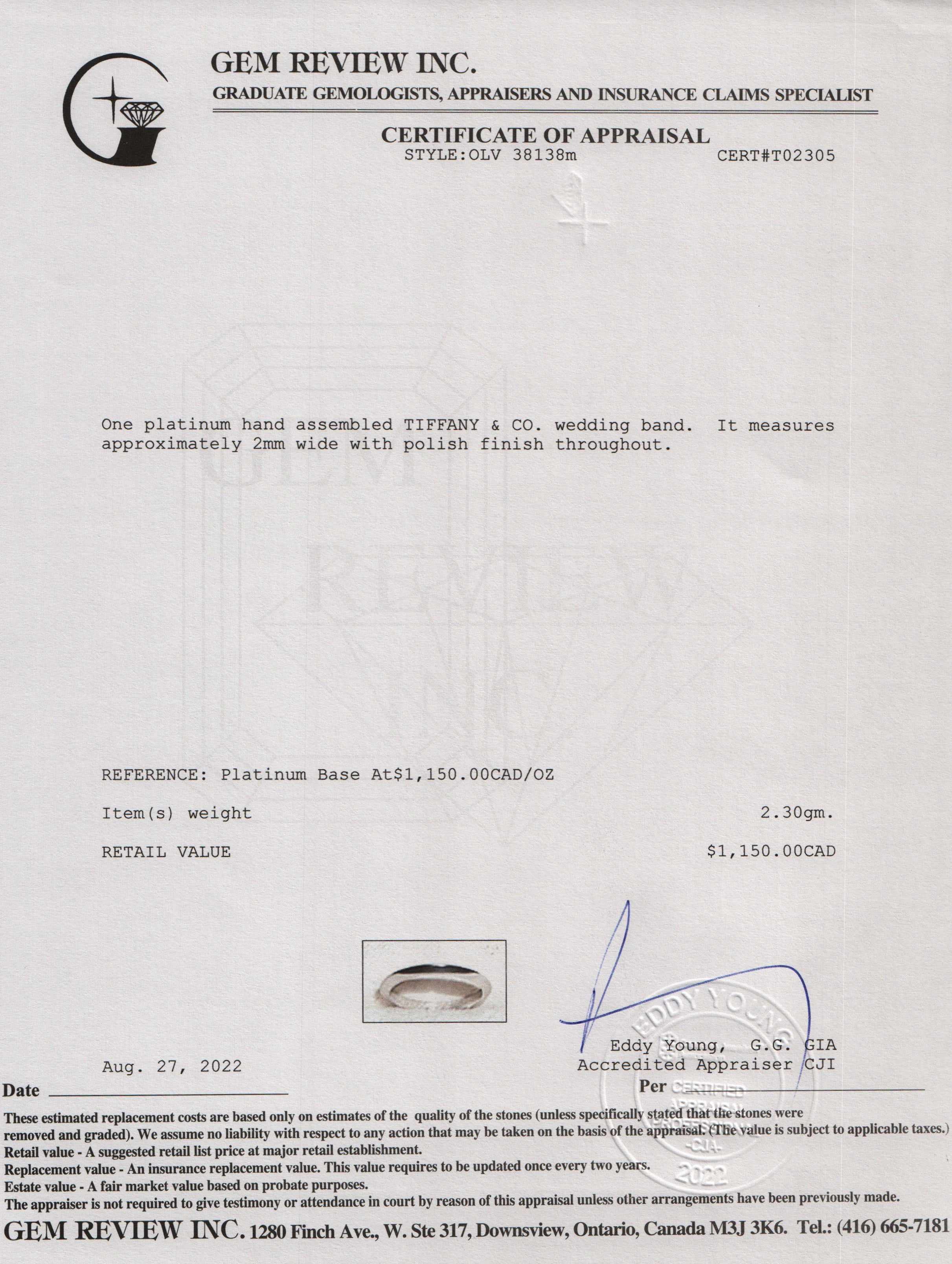 Tiffany & Co. Platinum Wedding Band Ring