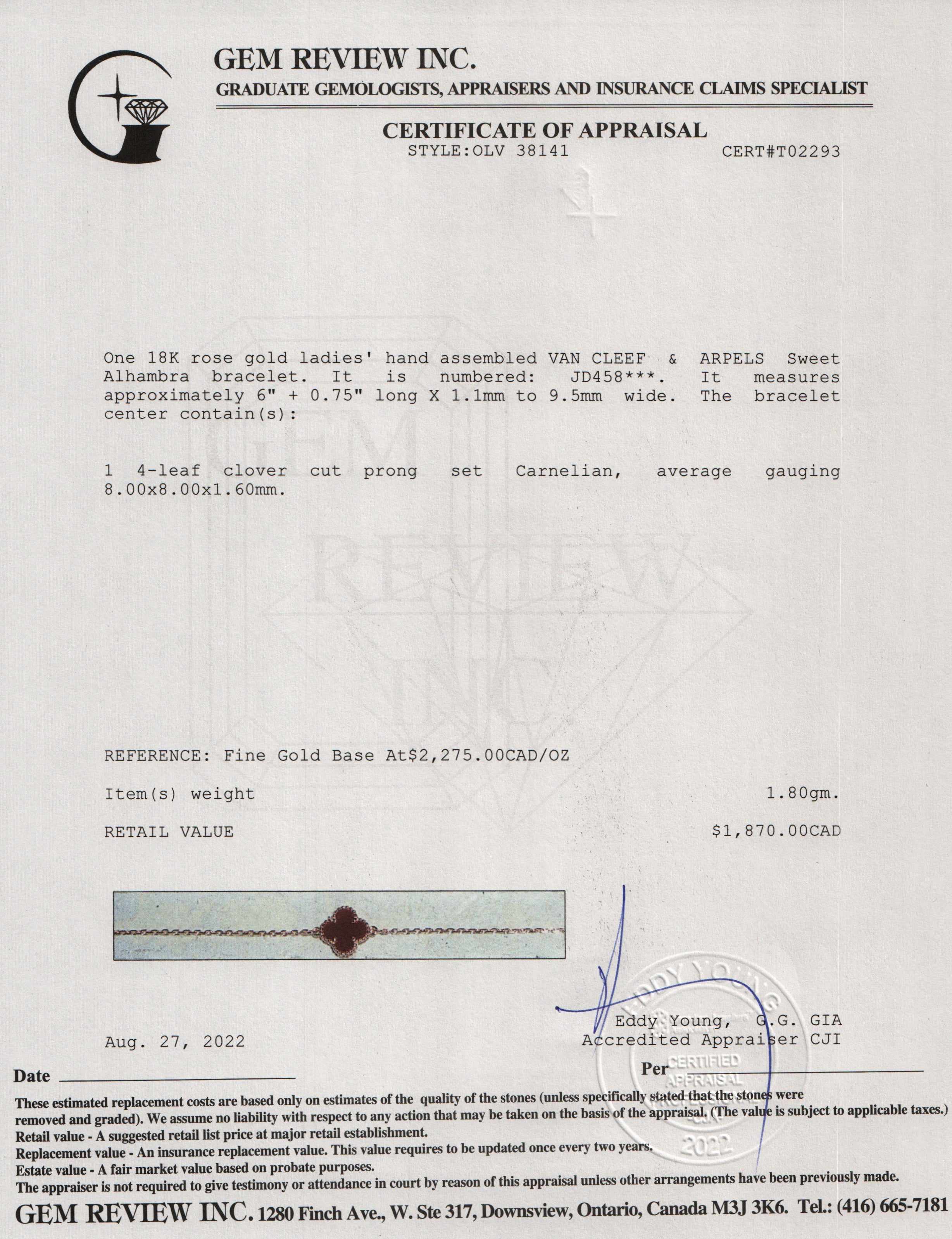 Van Cleef & Arpels Sweet Alhambra Carnelian Bracelet w/ Receipt