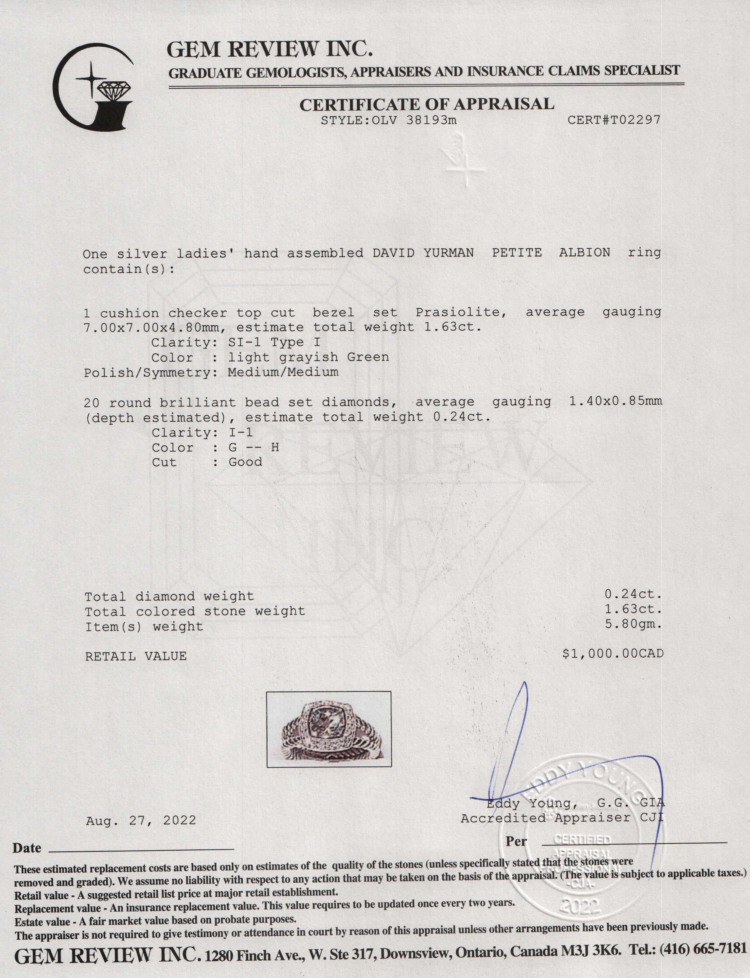 David Yurman Petite Albion Ring with Prasiolite and Diamonds