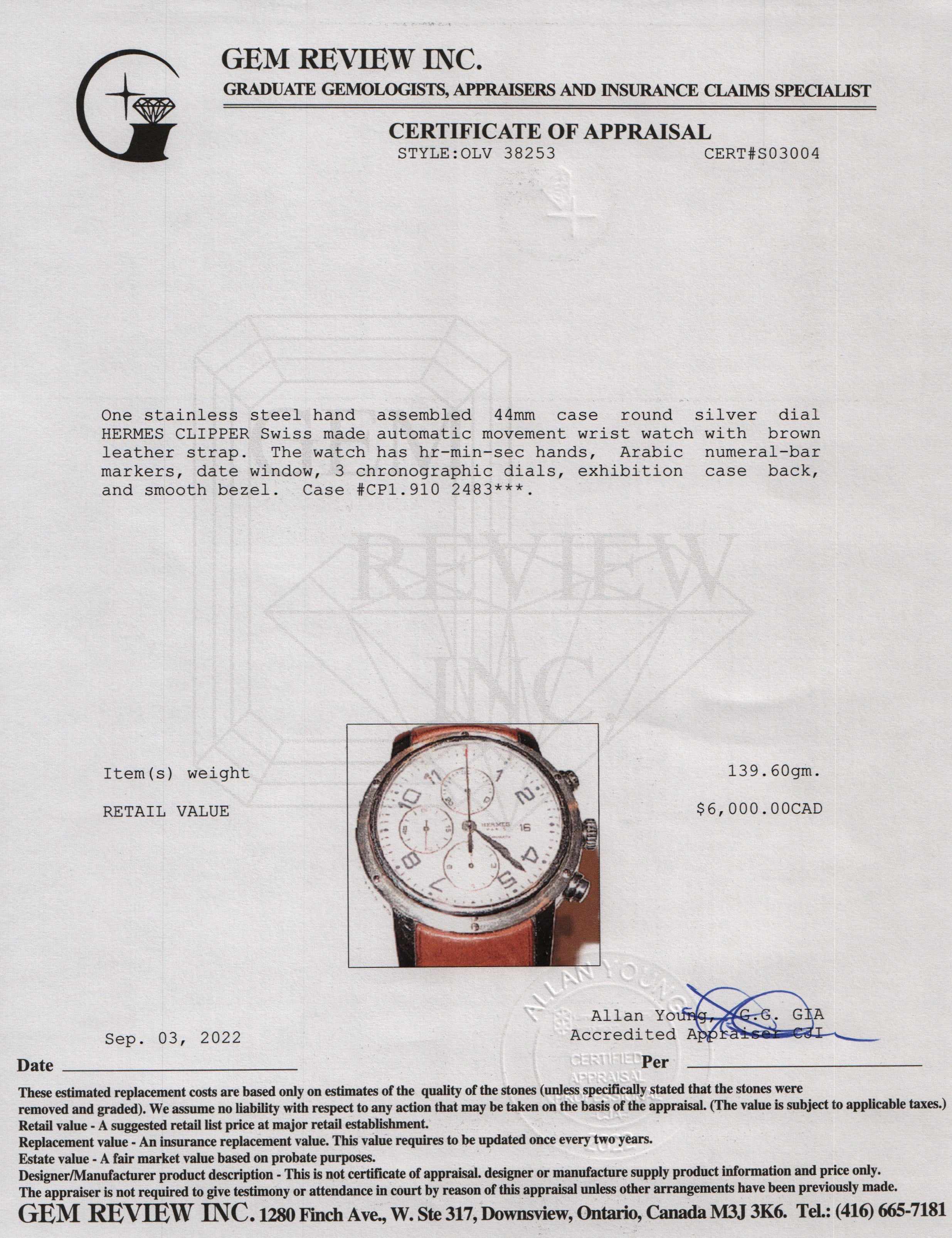 Hermes Clipper Chronograph Automatic 44 mm Watch
