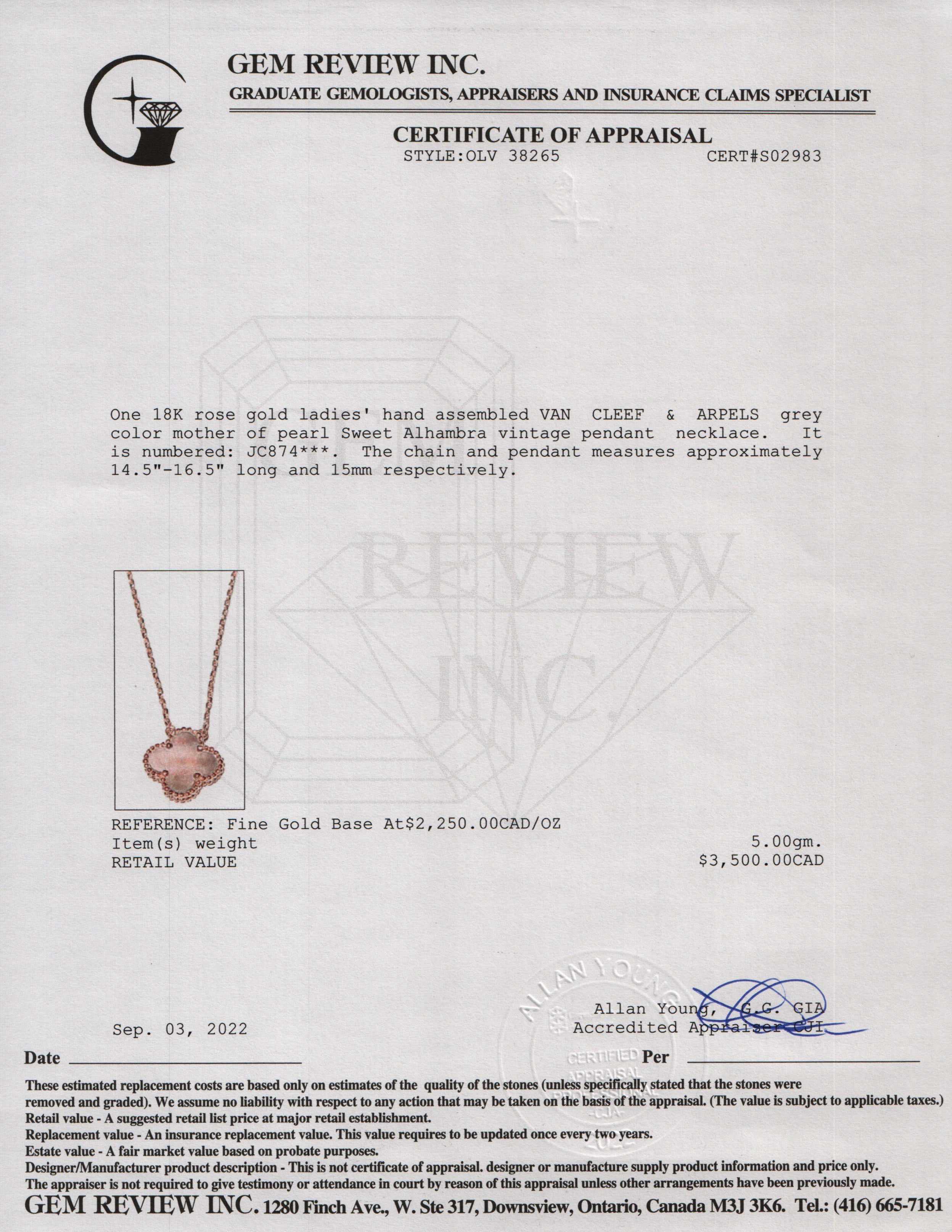 Van Cleef & Arpels Vintage Alhambra Grey Mother of Pearl Pendant Necklace w/ Box & Certificate