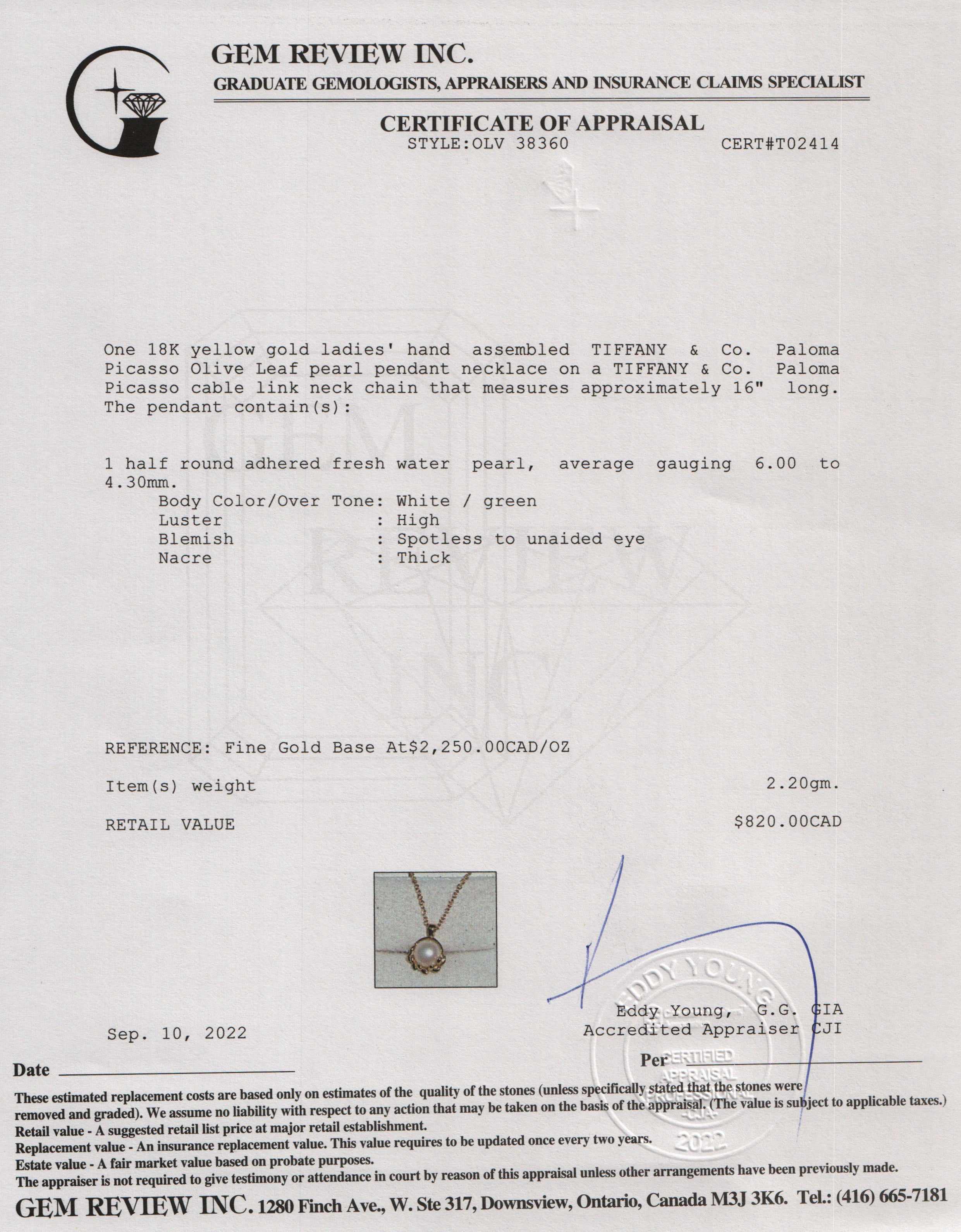 Tiffany & Co. Paloma Picasso 18k Gold Olive Leaf Pearl Pendant Necklace