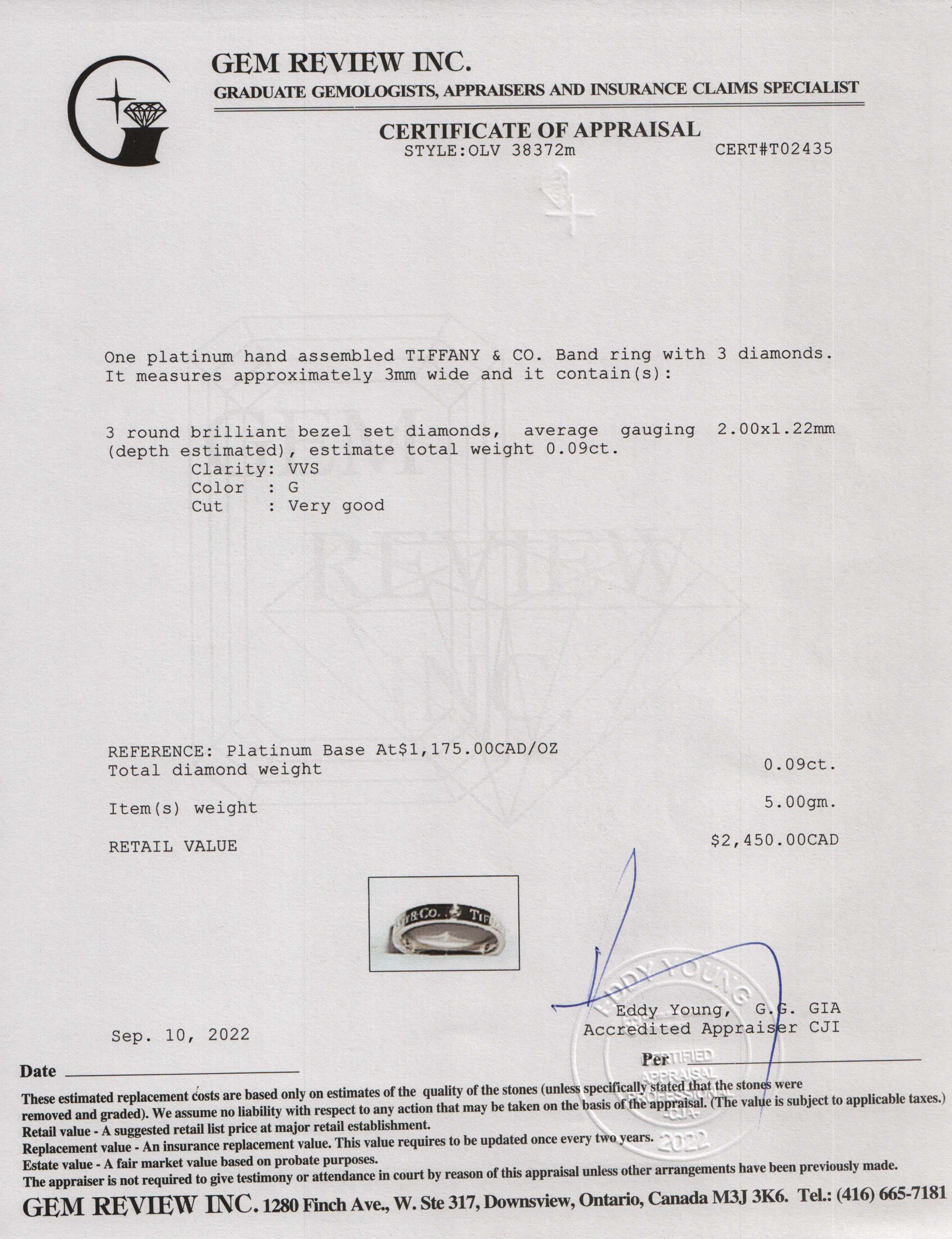 Tiffany & Co. Logo Platinum & 3 Diamond Band Ring