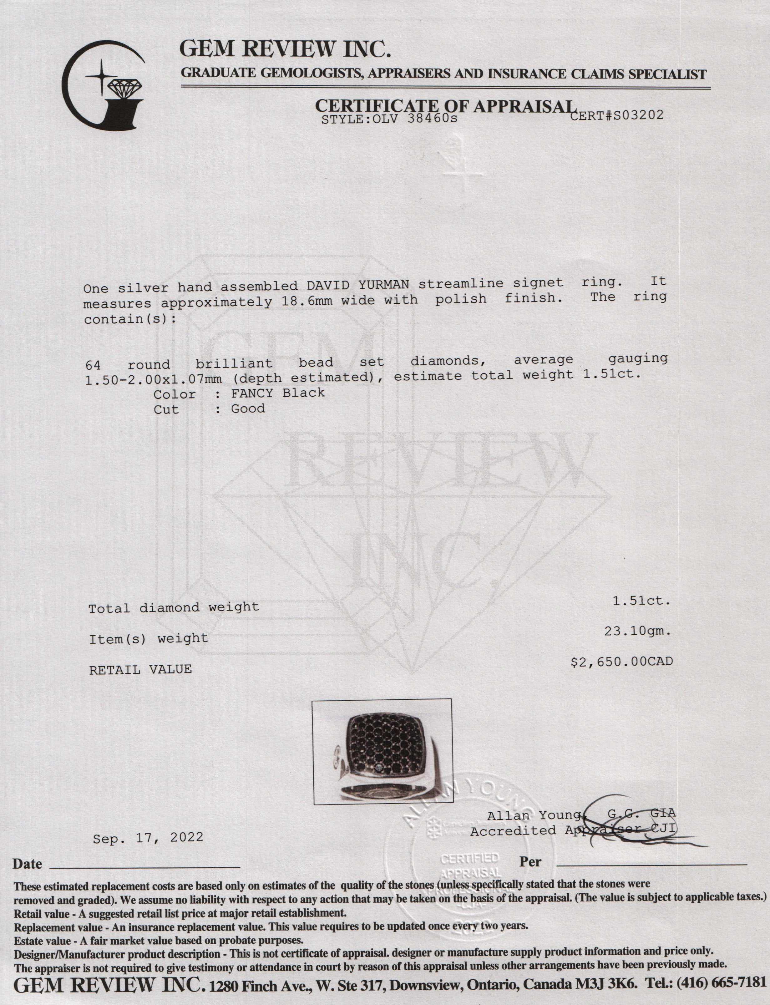 David Yurman Streamline Signet Ring with Pave Black Diamonds