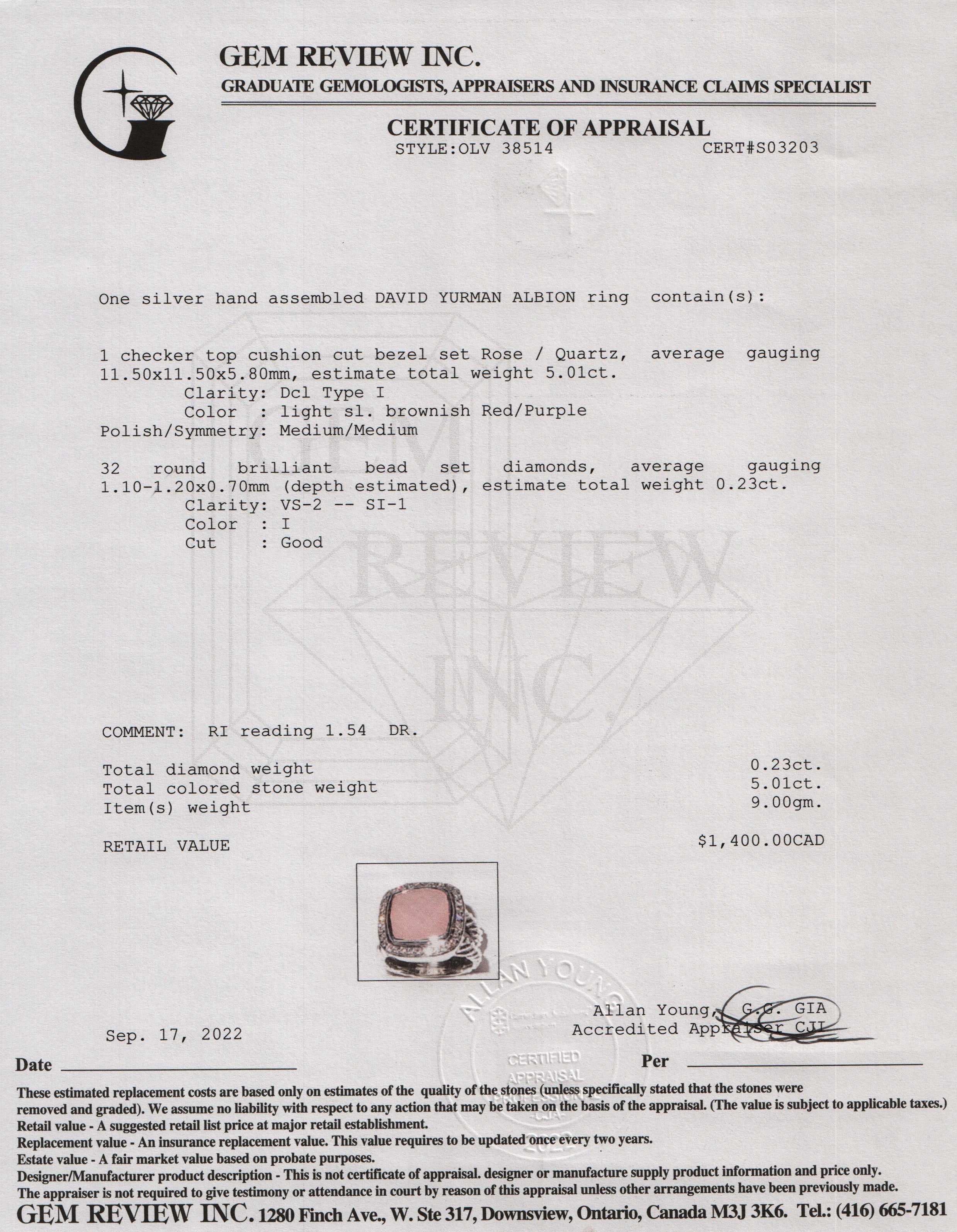 David Yurman Albion Ring with Rose Quartz and Diamonds