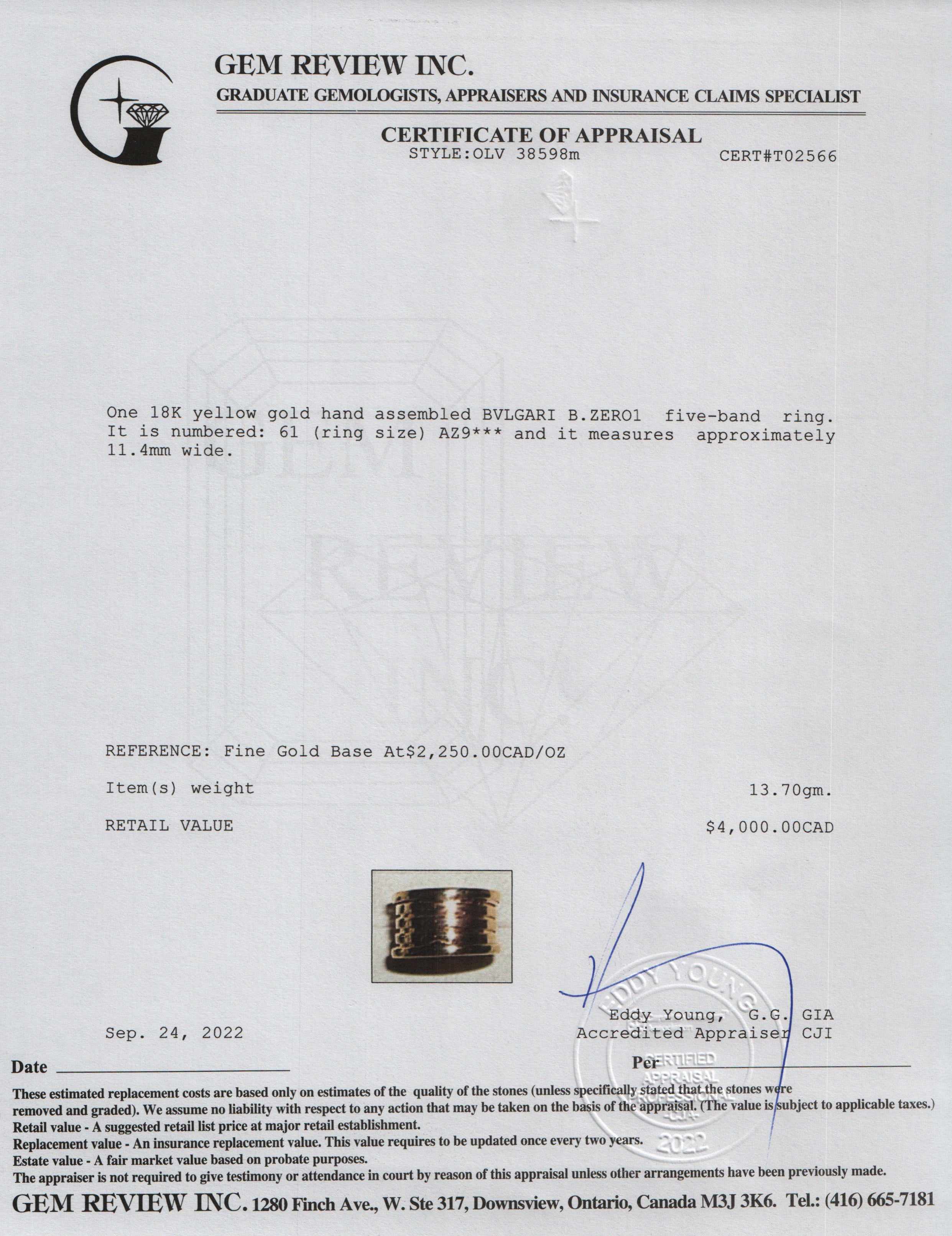 BVLGARI 18k Gold B.Zero1 XXth Anniversary Five-Band Ring w/ Box, Certificate & Receipt