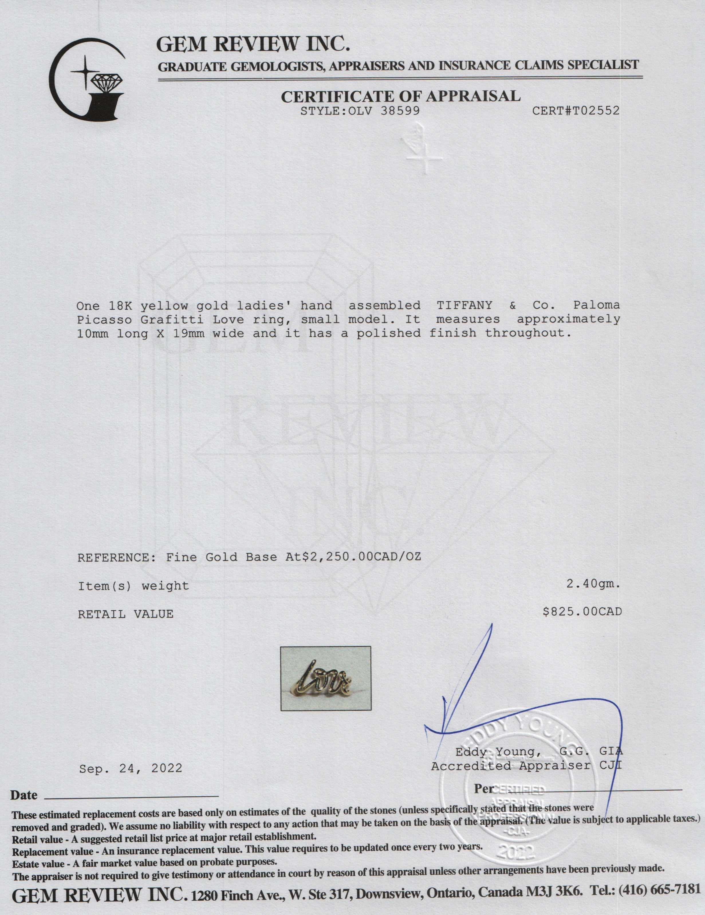 Tiffany & Co. 18K Gold Paloma Picasso Graffiti Love Ring, Small Model