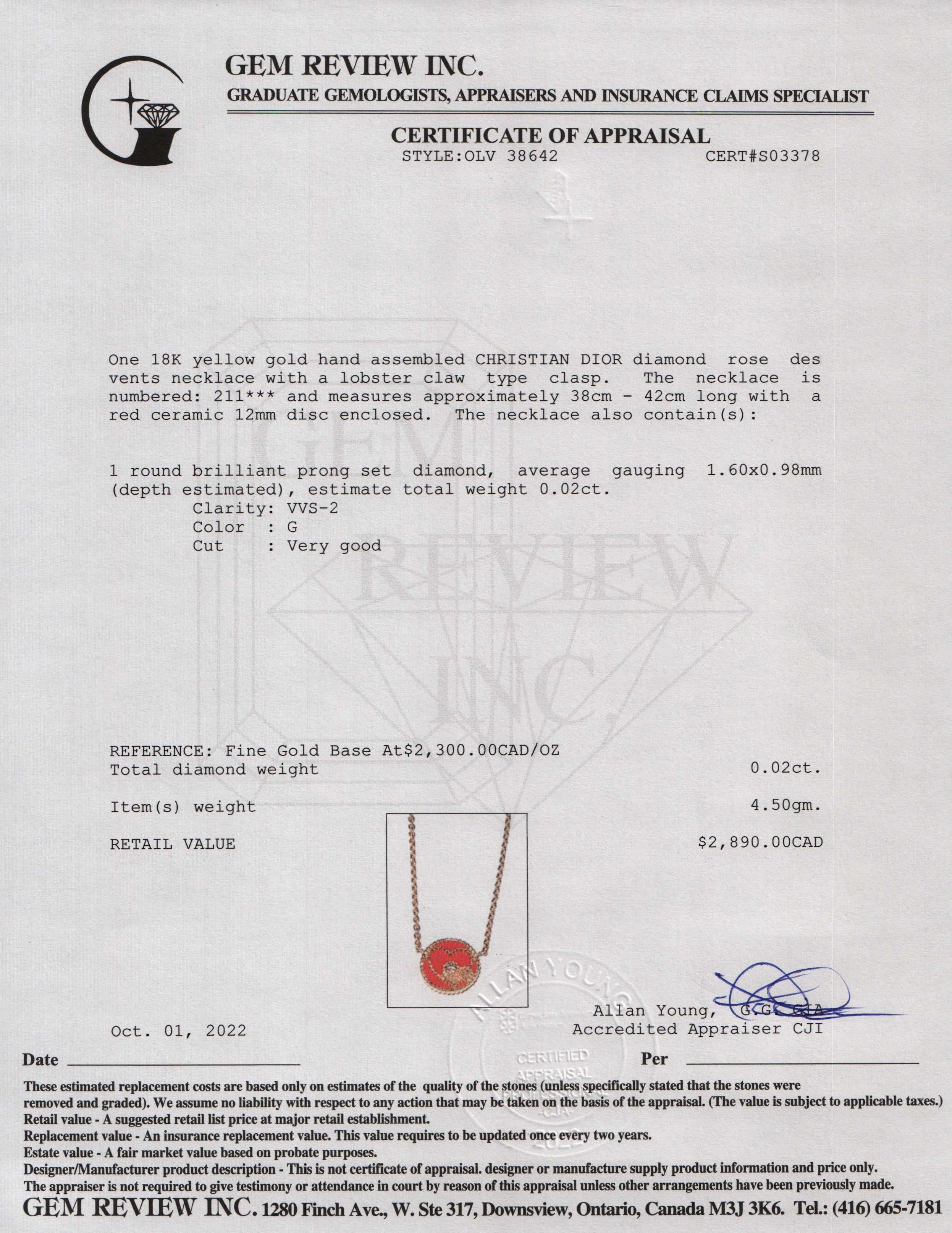 Christian Dior 18k Gold Diamond Rose Des Vents Pendant Necklace w/ Box & Certificate