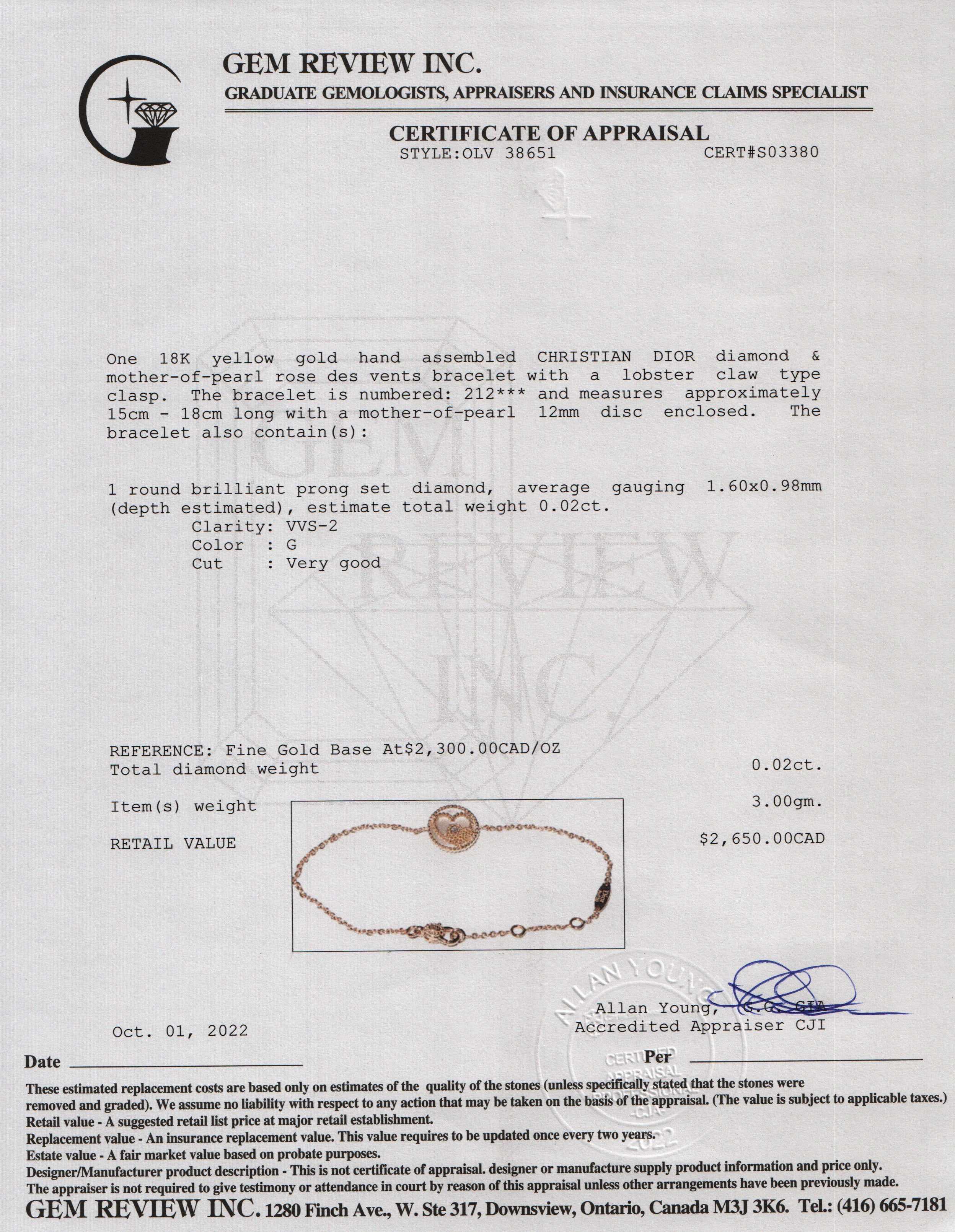 Christian Dior 18k Gold Diamond & Mother of Pearl Rose Des Vents Bracelet w/ Box & Certificate