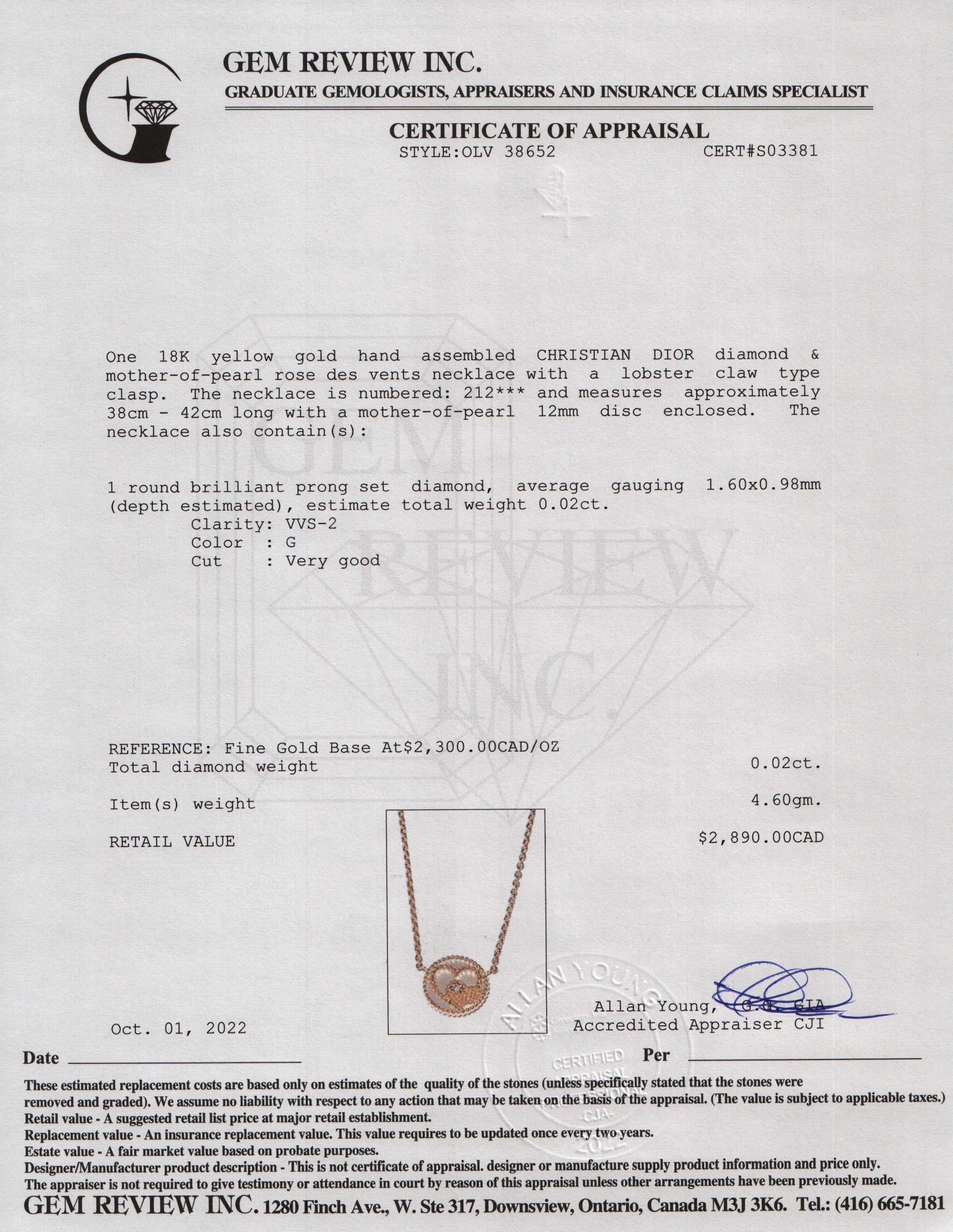 Christian Dior 18k Gold Diamond & Mother of Pearl Rose Des Vents Pendant Necklace w/ Box & Certificate