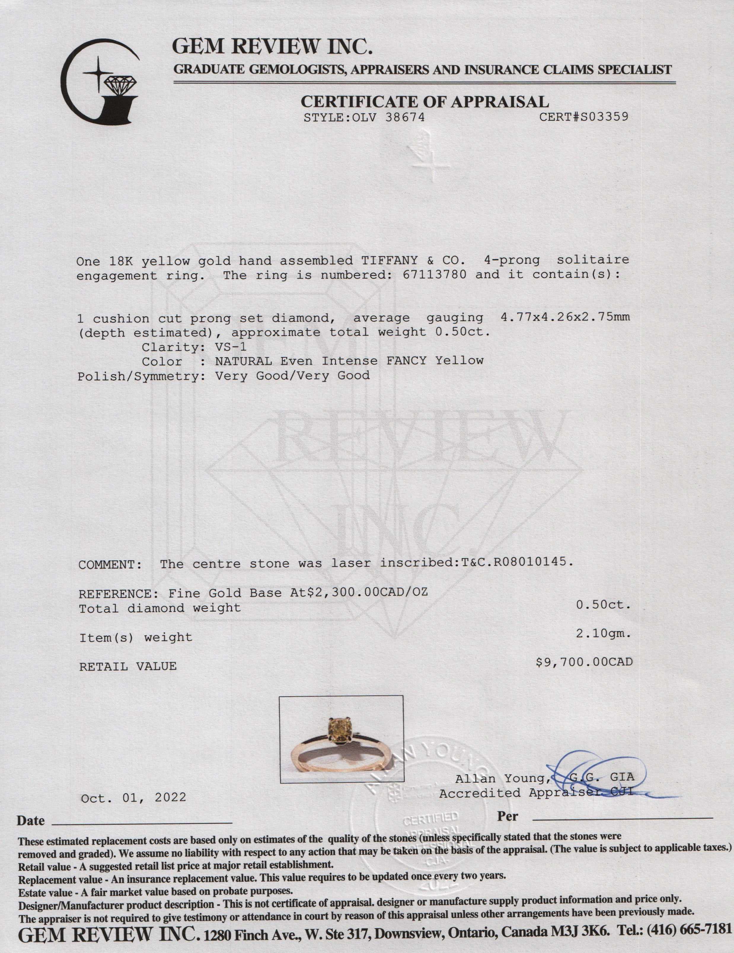 Tiffany & Co. 18k Gold True Solitaire Yellow Diamond Engagement Ring