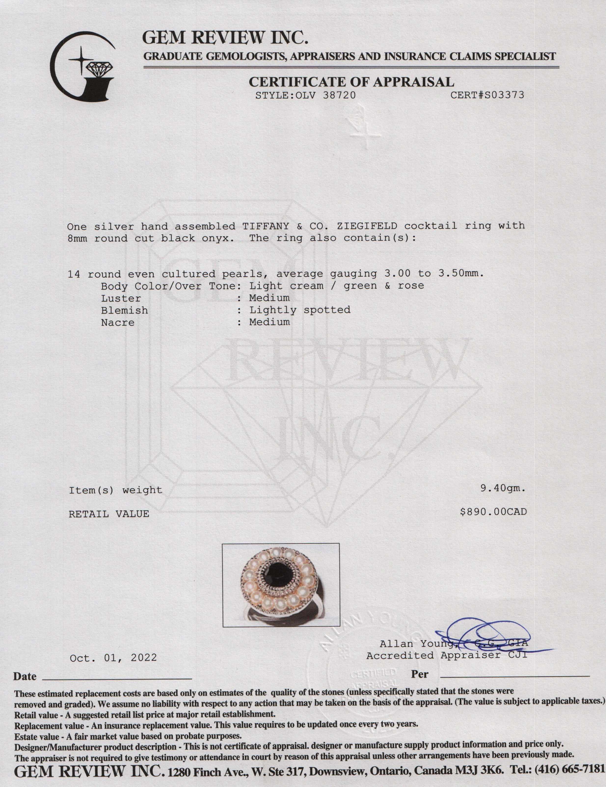 Tiffany & Co. Onyx & Pearl Ziegfeld Cocktail Ring