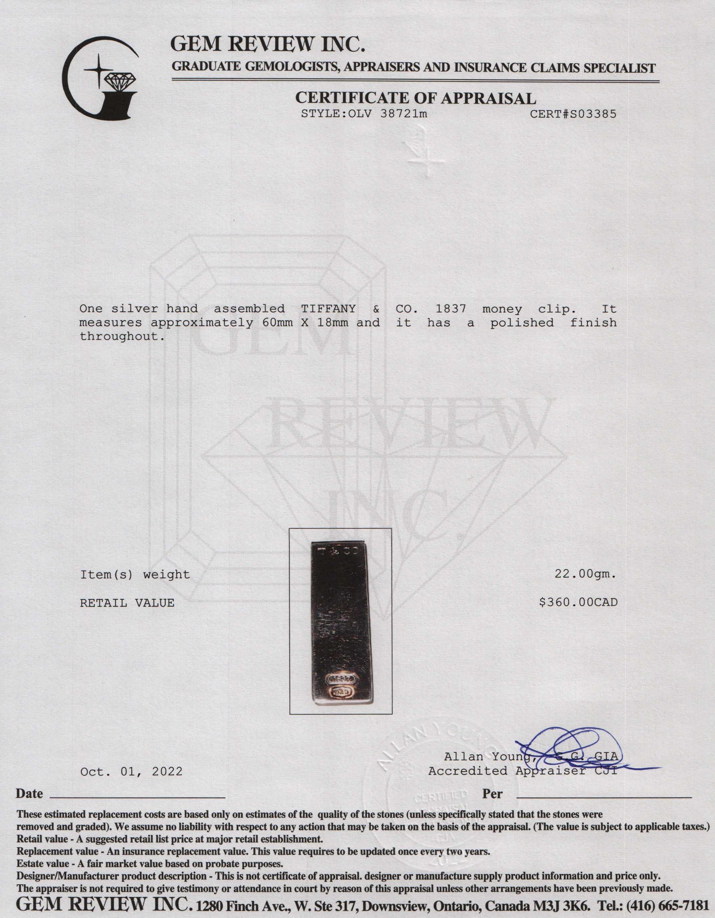 Tiffany & Co. Sterling Silver 1837 Money Clip