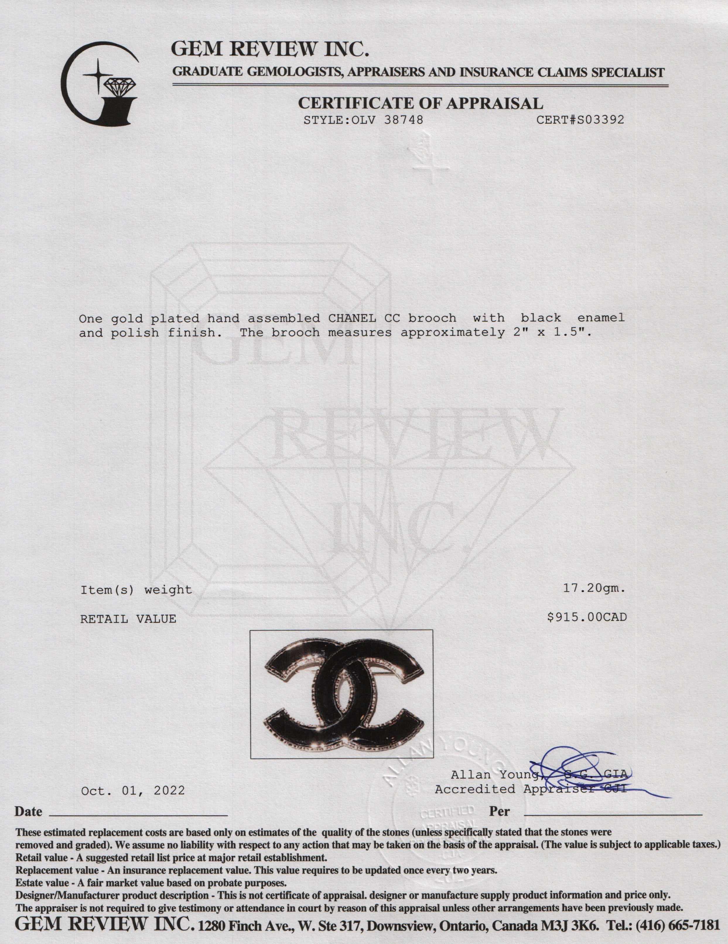 Chanel 2022 Black Enamel CC Brooch w/ Box