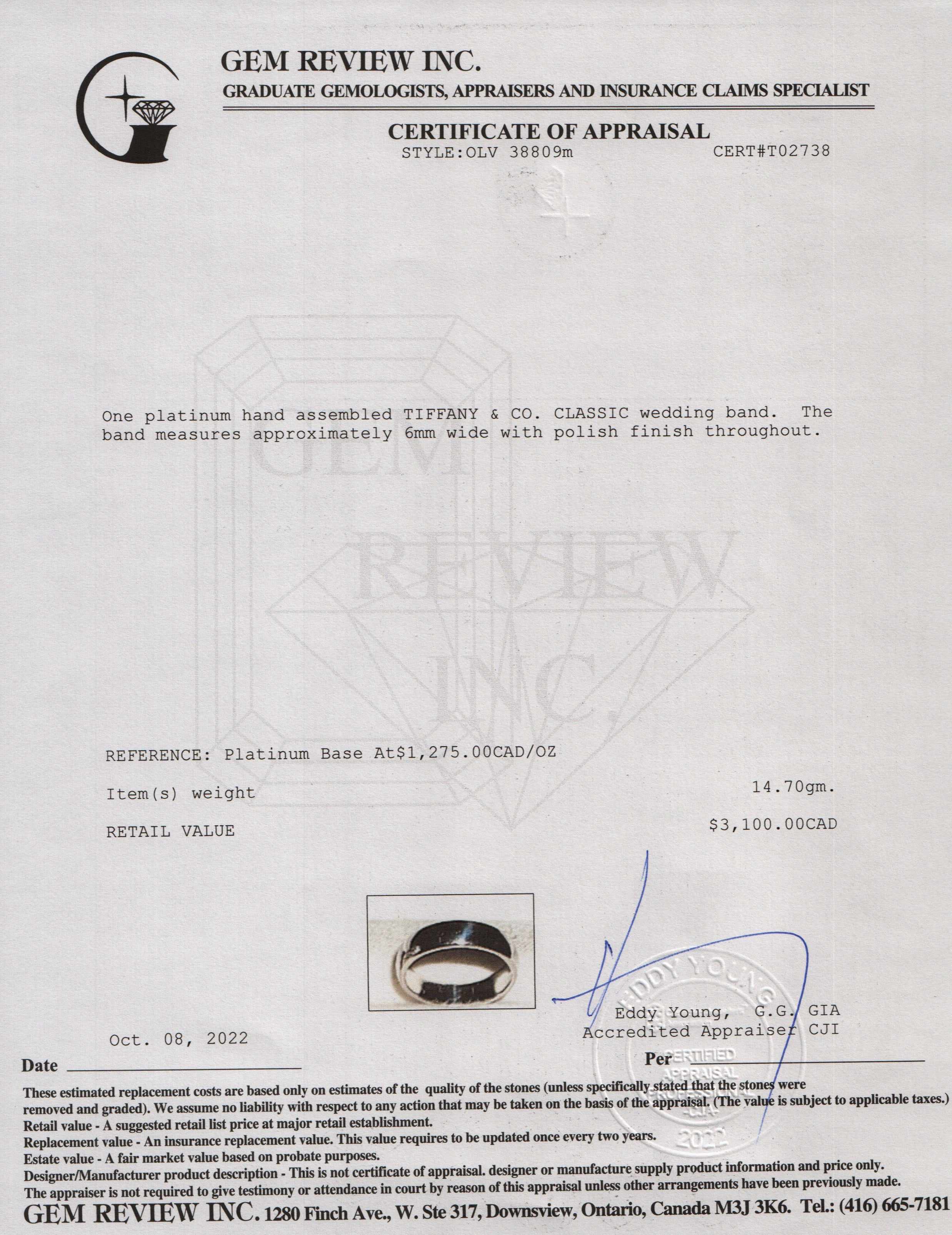 Tiffany & Co. Classic Platinum Band Ring, 6 mm