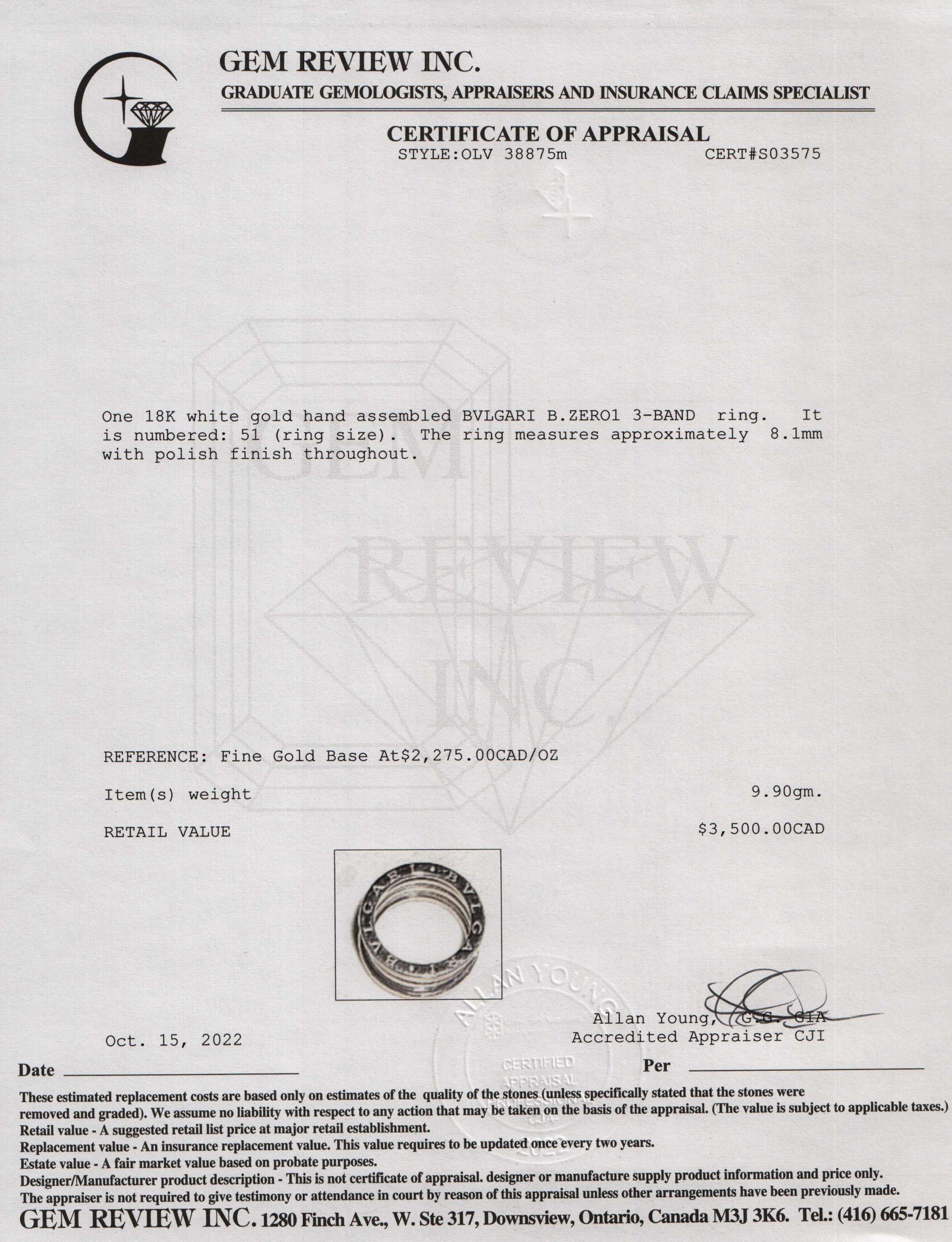 BVLGARI 18k White Gold B.Zero1 3-Band Ring w/ Box