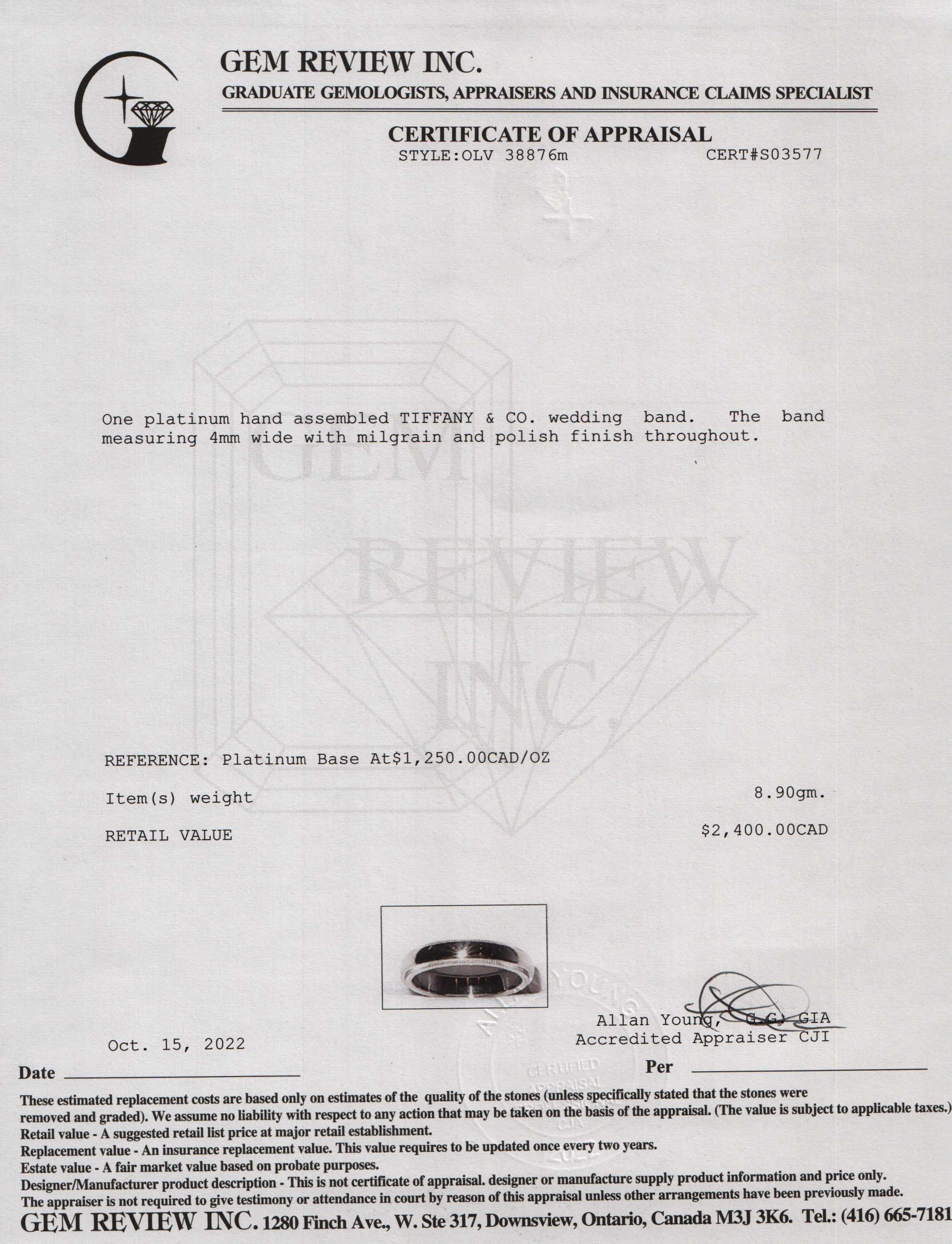 Tiffany & Co. Platinum Classic Milgrain Wedding Band Ring w/ Box