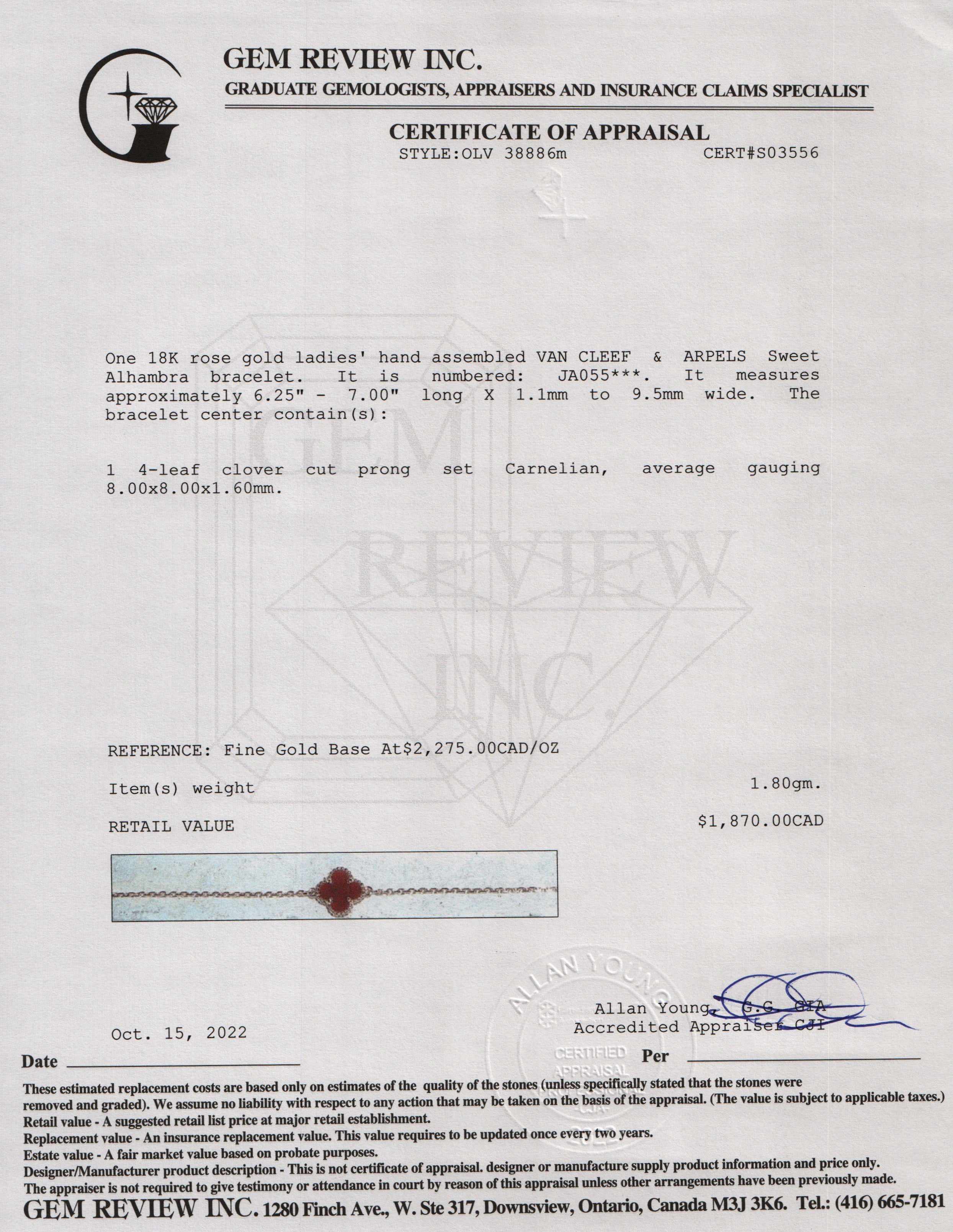 Van Cleef & Arpels 18k Rose Gold Sweet Alhambra Carnelian Bracelet